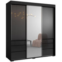 SCHIEBETÜRENSCHRANK mit Schubladen und Spiegel Torino 3D1L 180 Schwarz (Lacobel) - Silberfarben/Schwarz, Holzwerkstoff/Metall (180/204/65cm) - mzm24