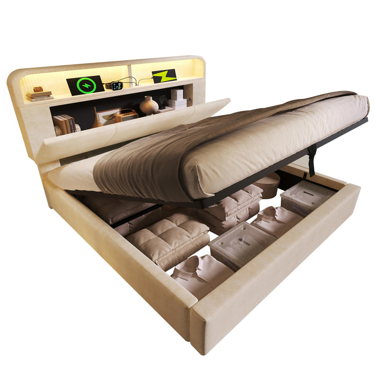 SAMT-POLSTERBETT 140/200 cm mit Bettkasten, LED-Beleuchtung und Lattenrost - Beige, Textil (140/200cm) - BEAOK