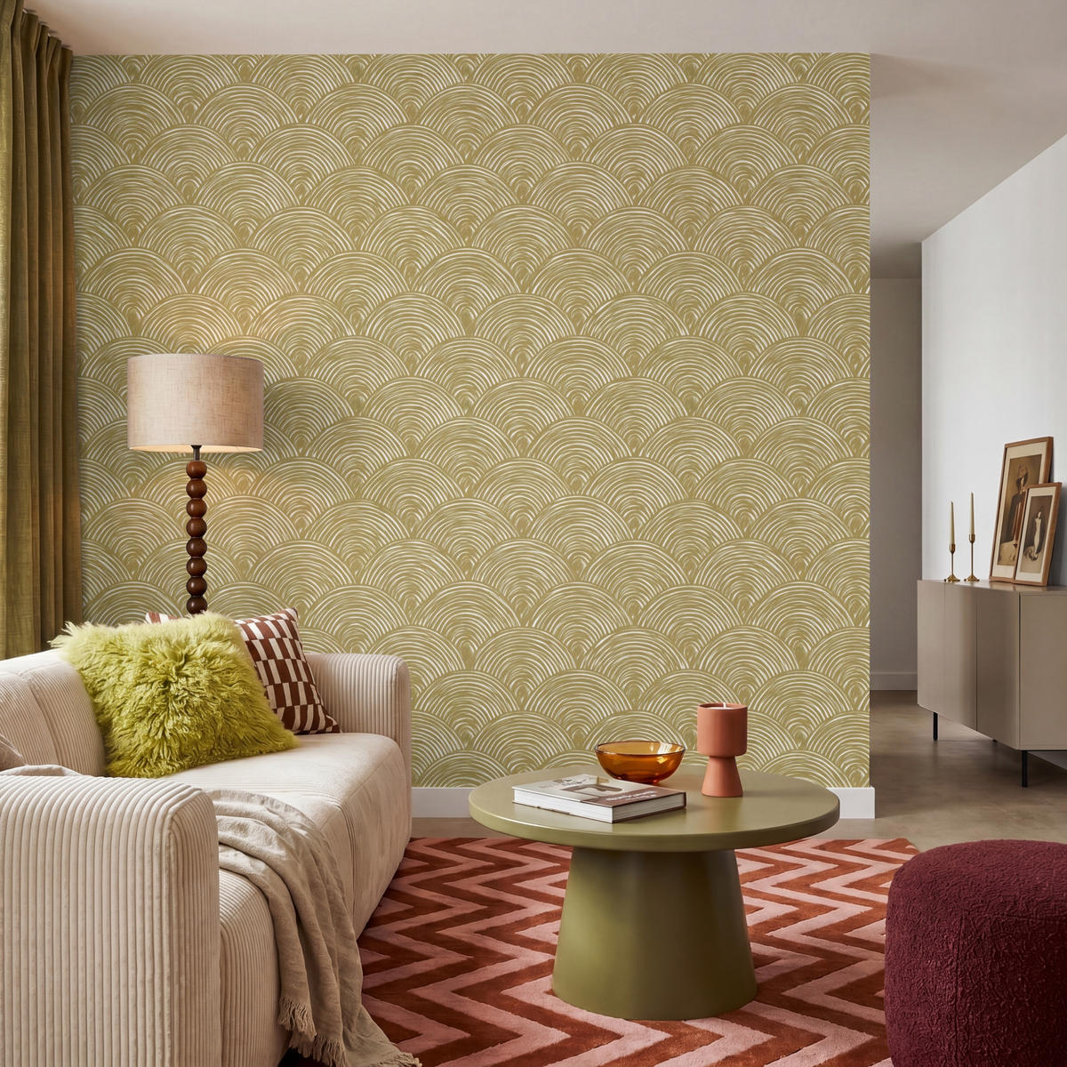 TAPETE - Fächer - Geometrisch - Grün - 240x240 cm - Goldfarben, Papier (240/240cm) - OnlyWow