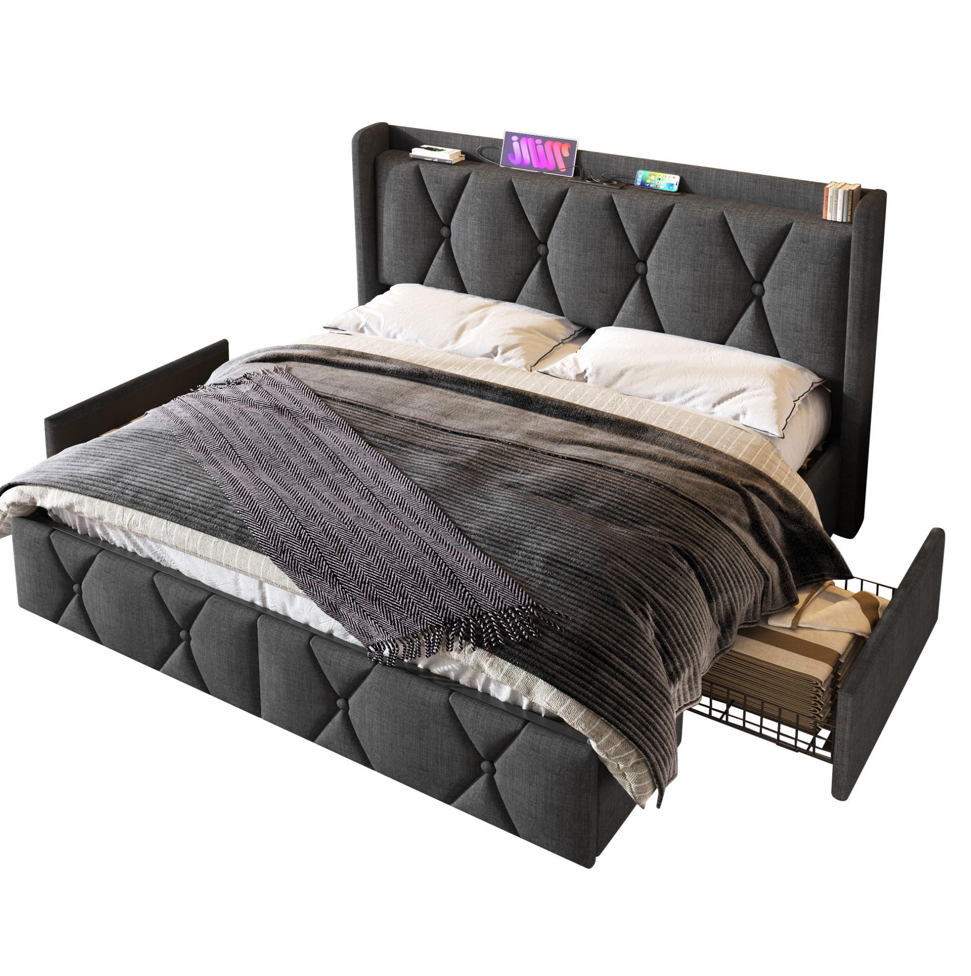 POLSTERBETT 140/200 cm mit USB, Steckdosen und 4 Schubladen inkl. Matratze und Lattenrost, Grau - Grau, Textil (140/200cm) - Redom