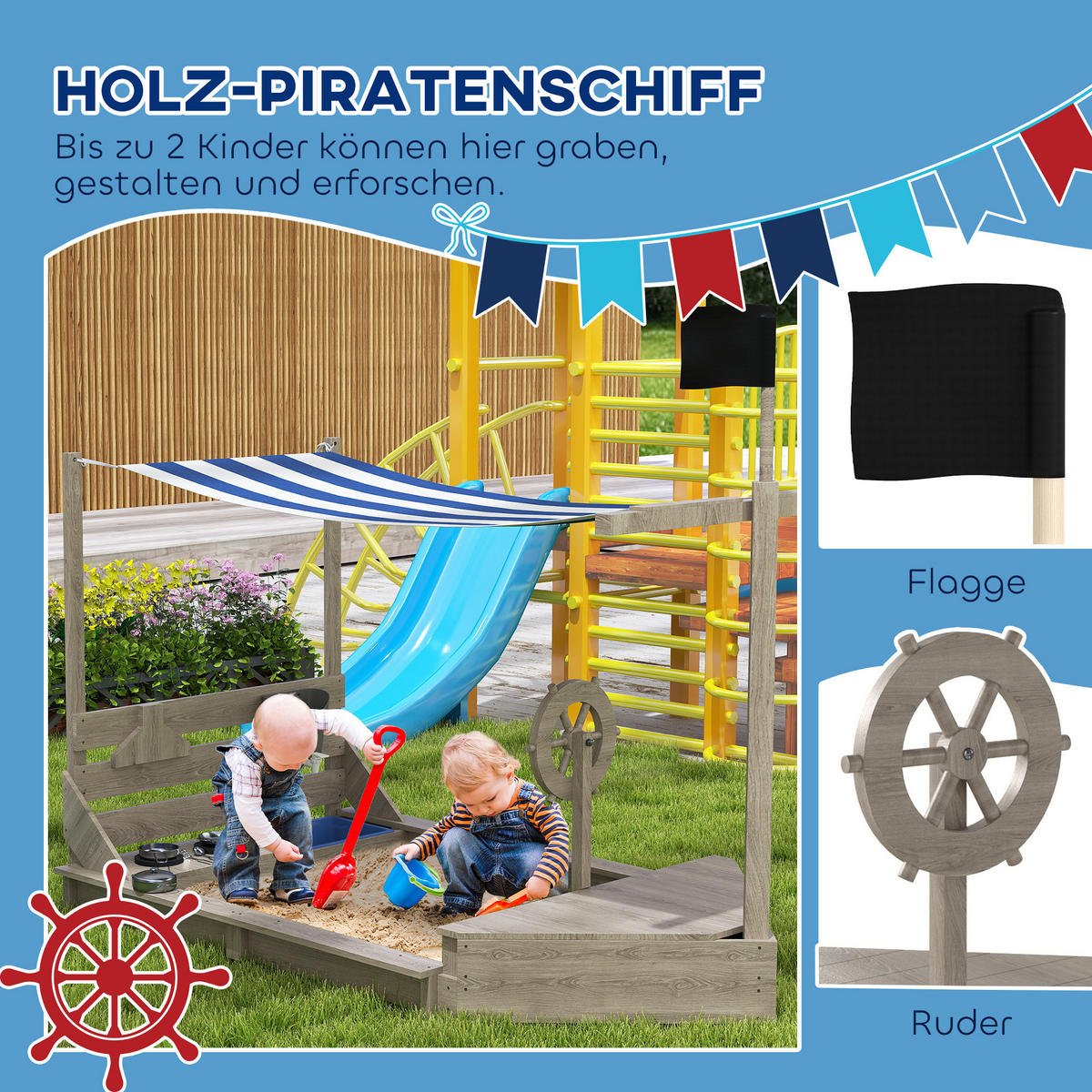 SANDKASTEN Sandkiste groß mit Abdeckung im Schiff Design Matschekiste aus Holz - Grau, Holz (180/103/144.5cm) - Outsunny