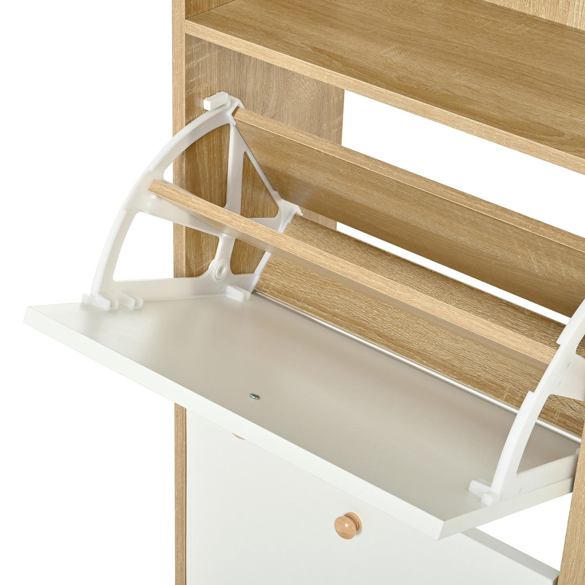 SKŘÍŇ NA BOTY v přírodní a bílé barvě se 4 výklopnými přihrádkami, do předsíně a vstupu, 90 × 24 × 104,5 cm - bílá/přírodní, kov/kompozitní dřevo (90/104.5/24cm) - STILVORA