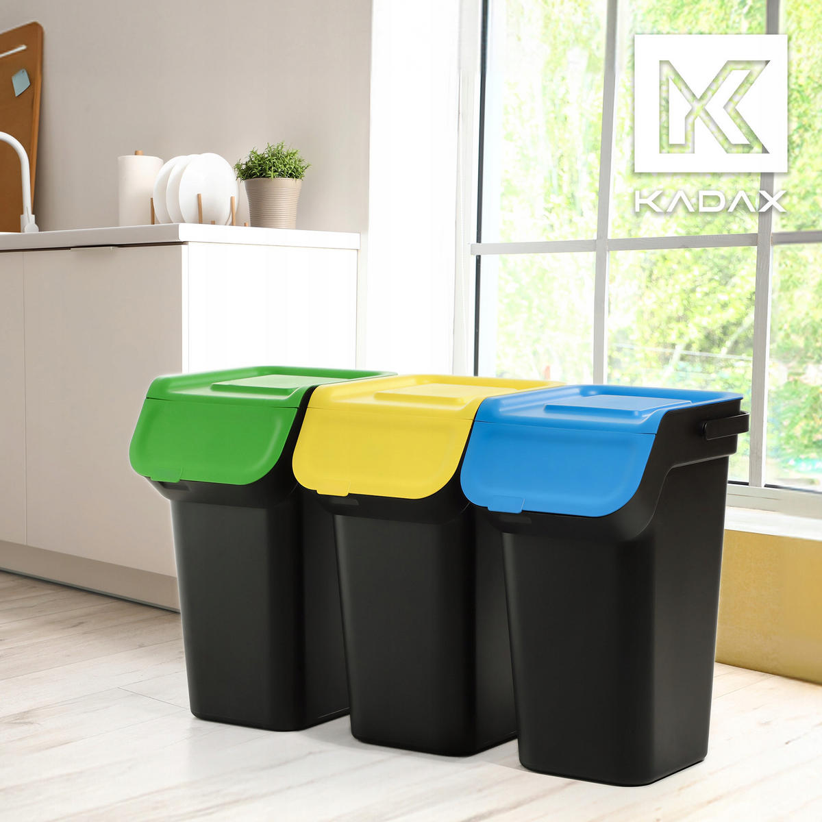 ABFALLBEHÄLTER, 3x25L Schwarz - Blau/Gelb, Kunststoff (27/44cm) - KADAX