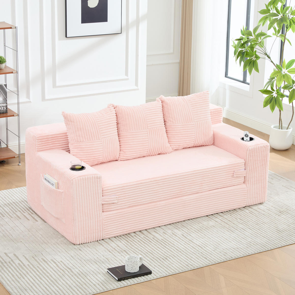 2-SITZER Bodensofa ausklappbar, Getränkehalter/Seitentaschen, Cord, Rosa - Rosa, Textil (172/64/87cm) - LVHOM