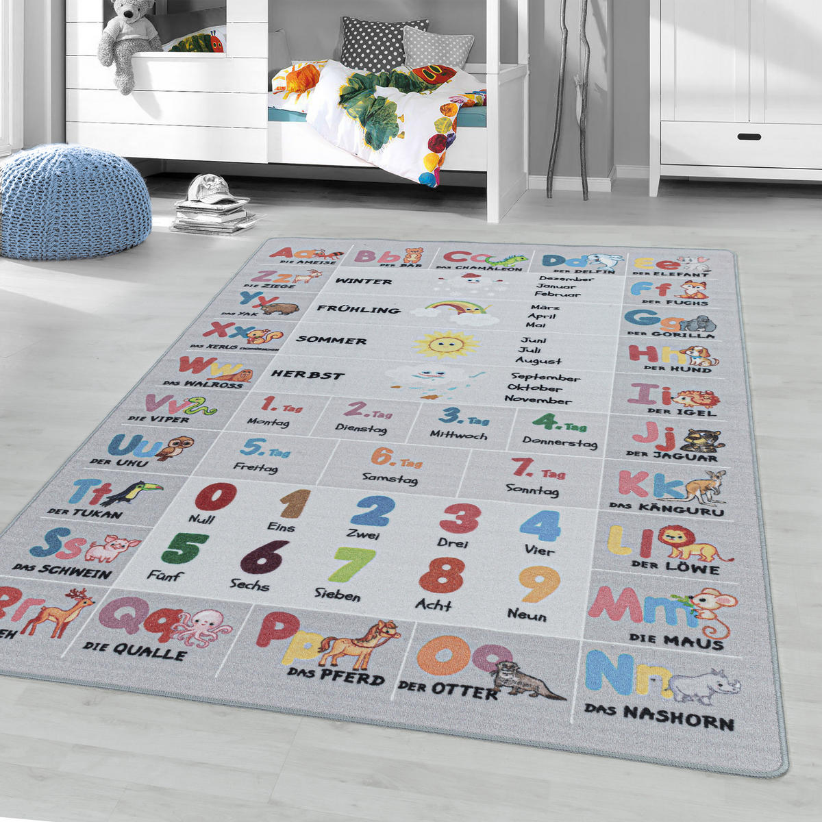TEPPICH Kinder Flachgewebe Tiere-Zahlen-Alphabet Polyamid Kinderzimmer Grau Rechteckig 140x200 - Grau, Textil (140/200cm) - KADIMA DESIGN