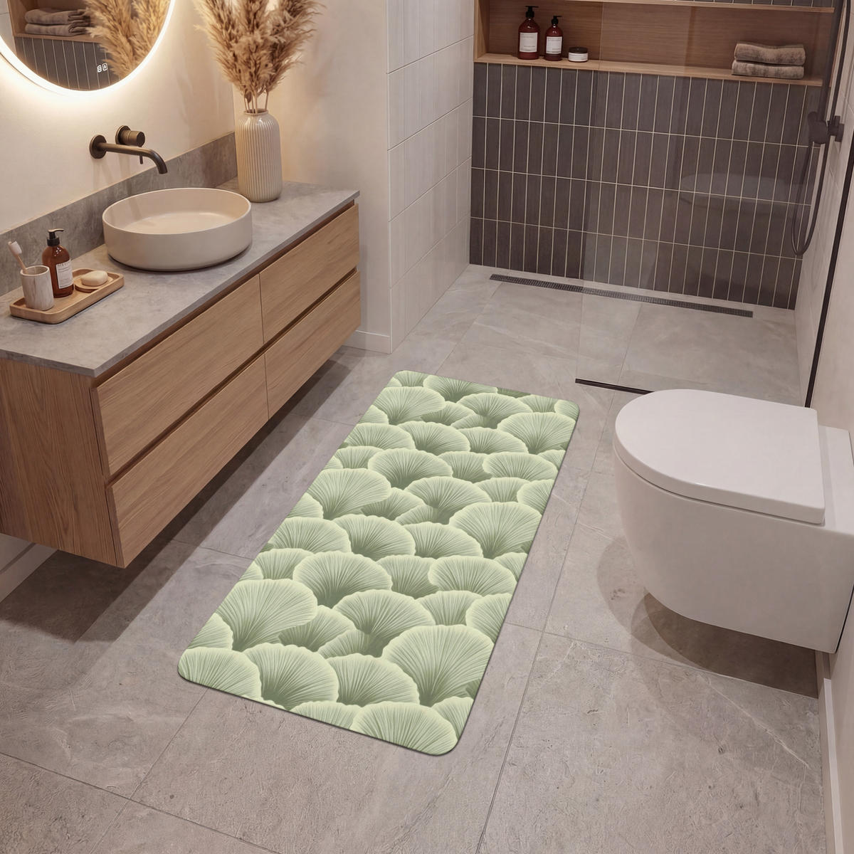 KOUPELNOVÁ PŘEDLOŽKA Vějíř - list - zelený 60x120 cm - pastelově zelená, textil/plast (60/120cm)