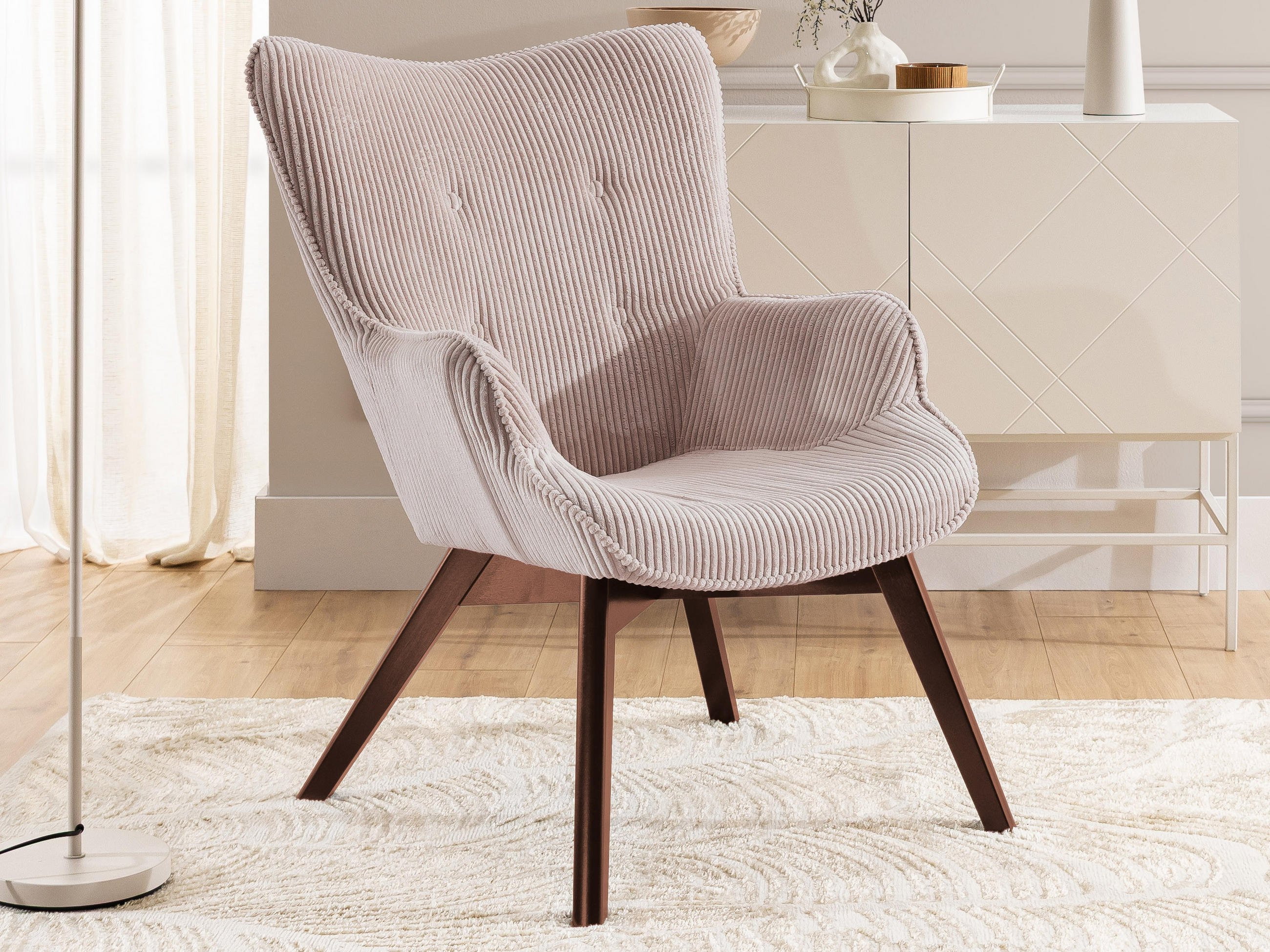LOUNGESESSEL Lenari Puderrosa Cordstoff mit Füßen in Braun - Hellrosa/Braun, Holz/Textil (71/96/86cm) - S-Style Möbel
