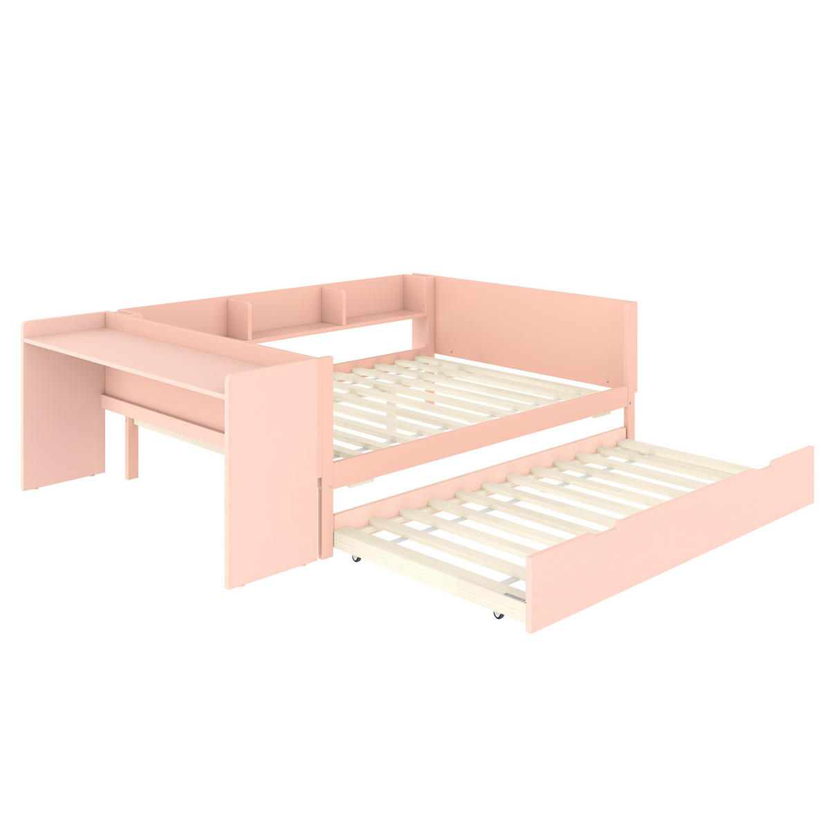 KINDERBETT aus Kiefernholz und Spanplatte 140x200 cm Weiß/Rosa mit Schreibtisch, Rollbett und 3 Regalen - Rosa, Holz (140/200cm) - Modfu