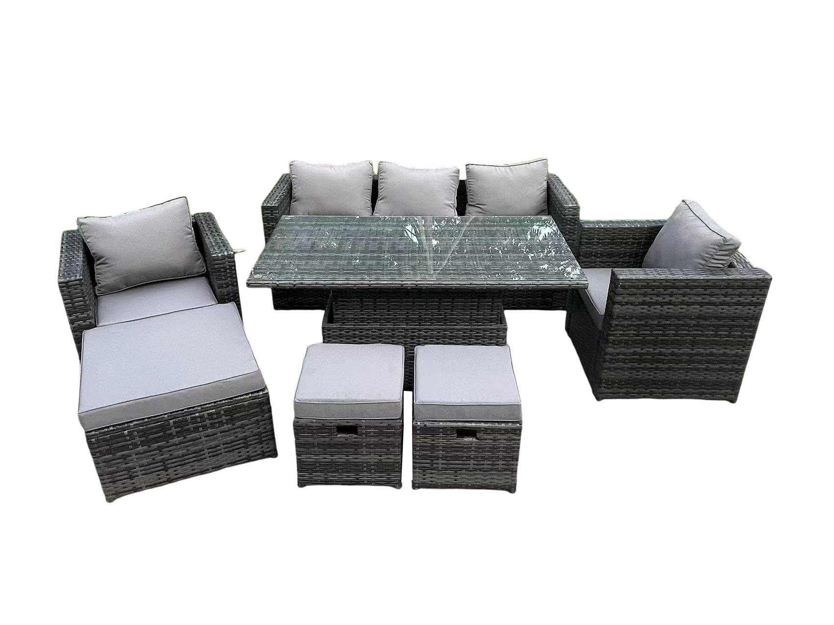 GARTENSOFA Hohe Rückenlehne Polyrattan 8-Sitzer - Dunkelgrau/Grau, Glas/Kunststoff - Fimous