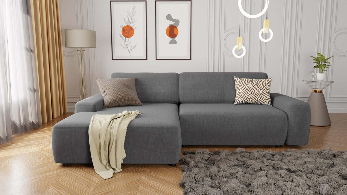 ECKSOFA Lopez Grau Samt-Stoff - Schwarz/Grau, Holz/Kunststoff (264/162cm) - S-Style Möbel
