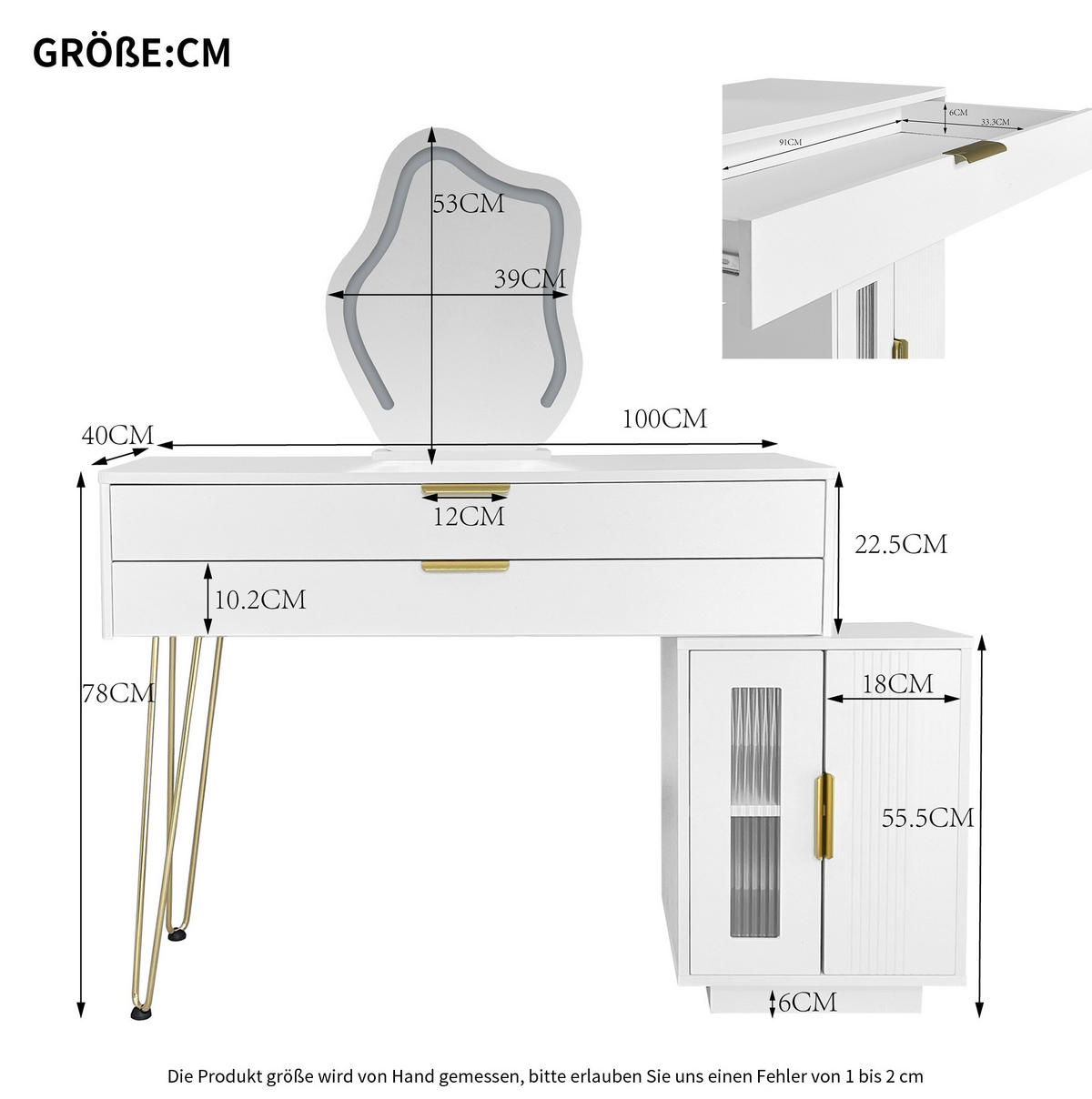 SCHMINKTISCH aus Spanplatte 100x40x78 cm Weiß mit LED-Spiegel, 2 Schubladen und flexibel montierbarem Seitenschrank - Weiß, Holzwerkstoff (100/78/40cm) - Modfu