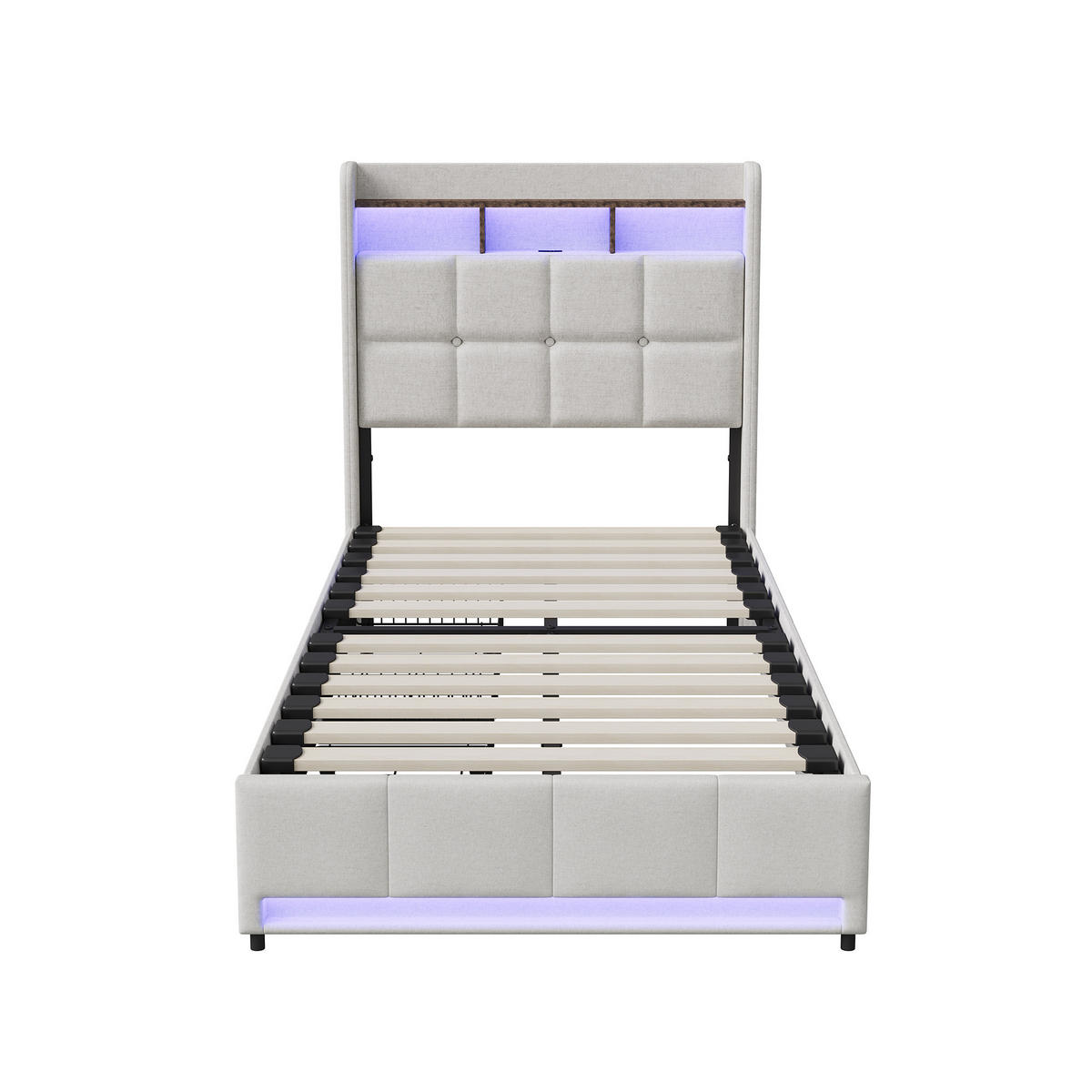 POLSTERBETT 90x200 cm Beige mit LED, 2 Schubladen, Kopfteil mit Ablage und Stauraum - Beige, Metall (90/200cm) - EuroLiving