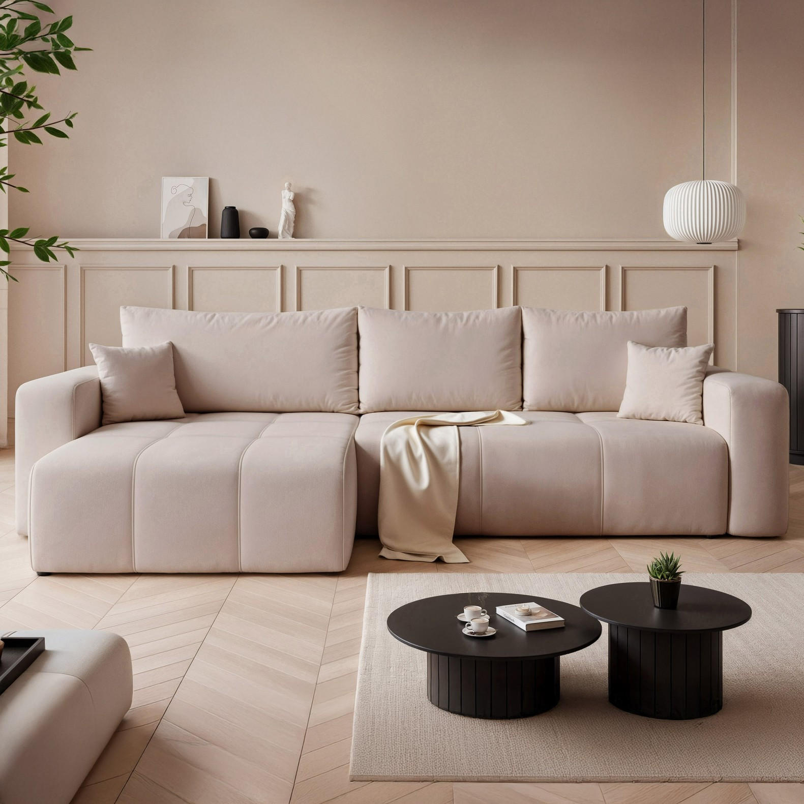 ECKSOFA XL Velours mit Bettkasten und Schlaffunktion - Beige, Holzwerkstoff/Textil (278/145cm) - Idohome