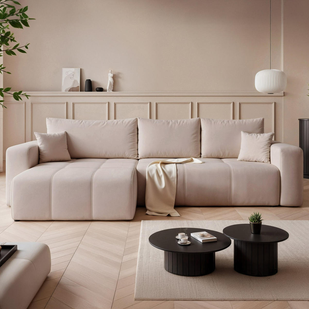 ECKSOFA XL Velours mit Bettkasten und Schlaffunktion - Beige, Holzwerkstoff/Textil (278/145cm) - Idohome