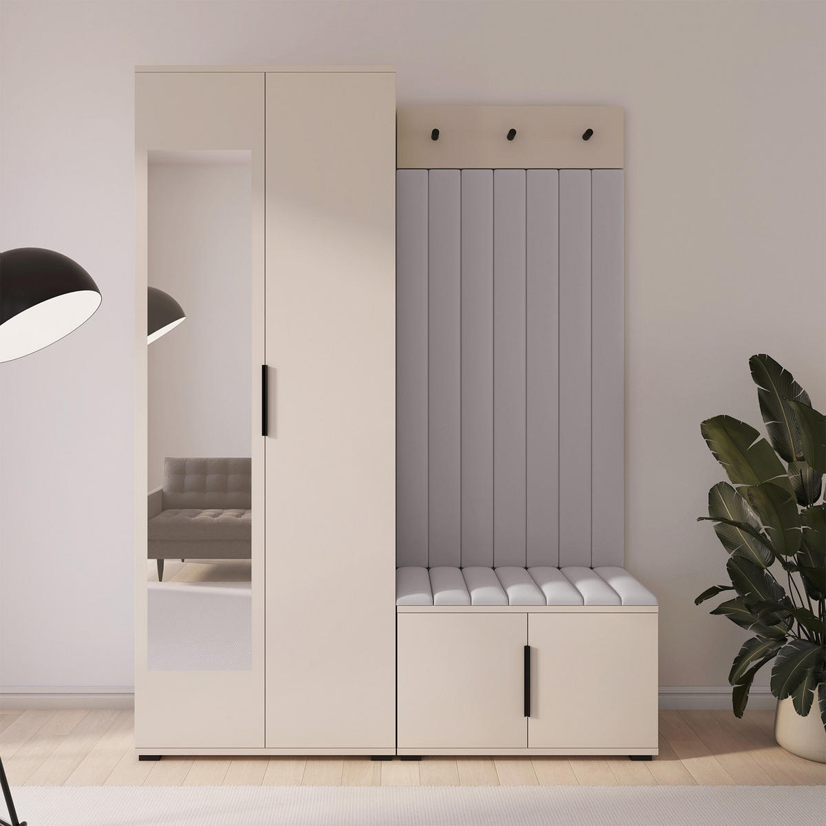 GARDEROBE Napoli version 13 mit Spiegel, mit POLSTERPANEELEN Hellgrau - Beige/Hellgrau, Holzwerkstoff (140/185/40cm) - Jerpax