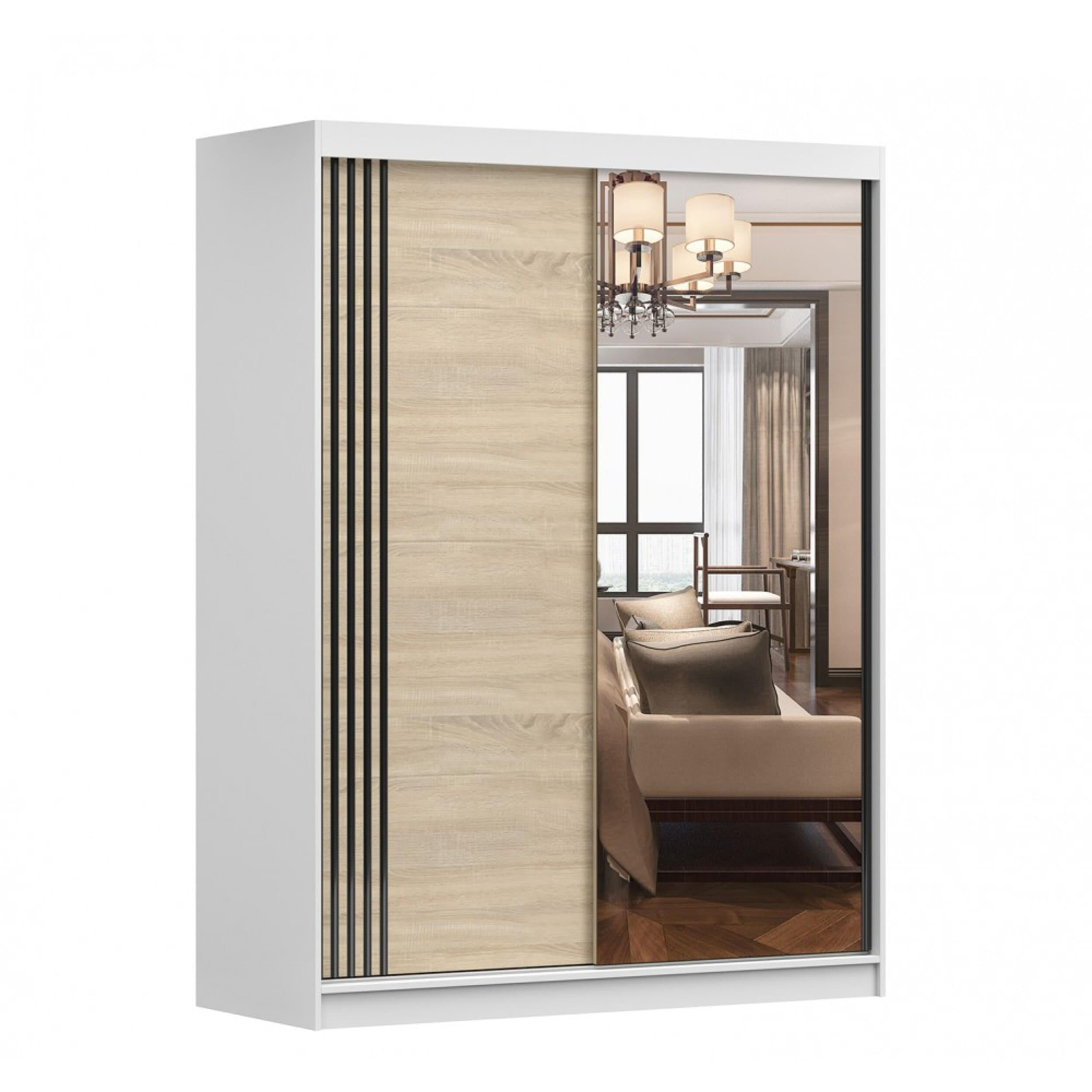 SCHIEBETÜRENSCHRANK - Lara 07 (Weiß + Sonoma) - Weiß/Sonoma Eiche, Holzwerkstoff/Metall (150/200/61cm) - Möblo