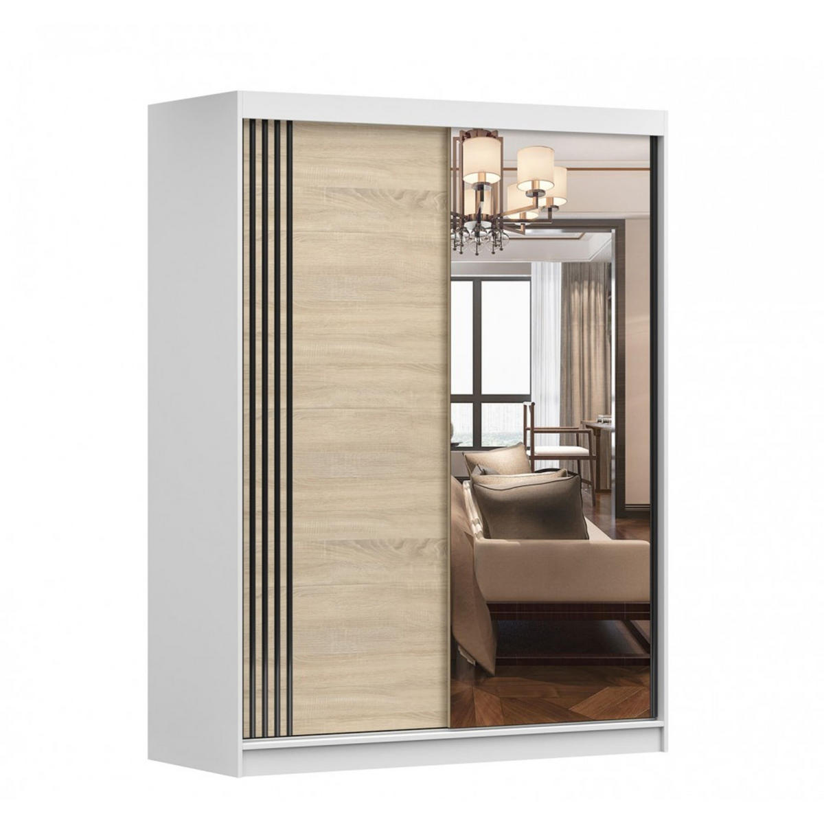 SCHIEBETÜRENSCHRANK - Lara 07 (Weiß + Sonoma) - Weiß/Sonoma Eiche, Holzwerkstoff/Metall (150/200/61cm) - Möblo