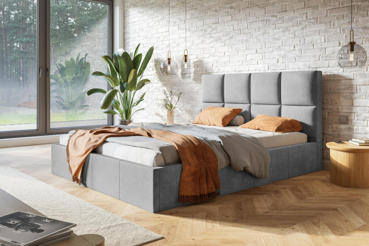 BETT 160x200 - Polsterbett mit Bettkasten und Holzrahmen - Modern Betten - Glatter Kronos-Stoff - Kollektion Roma, grau - Grau, Holz/Textil (160/200cm) - Alpi-Möbel