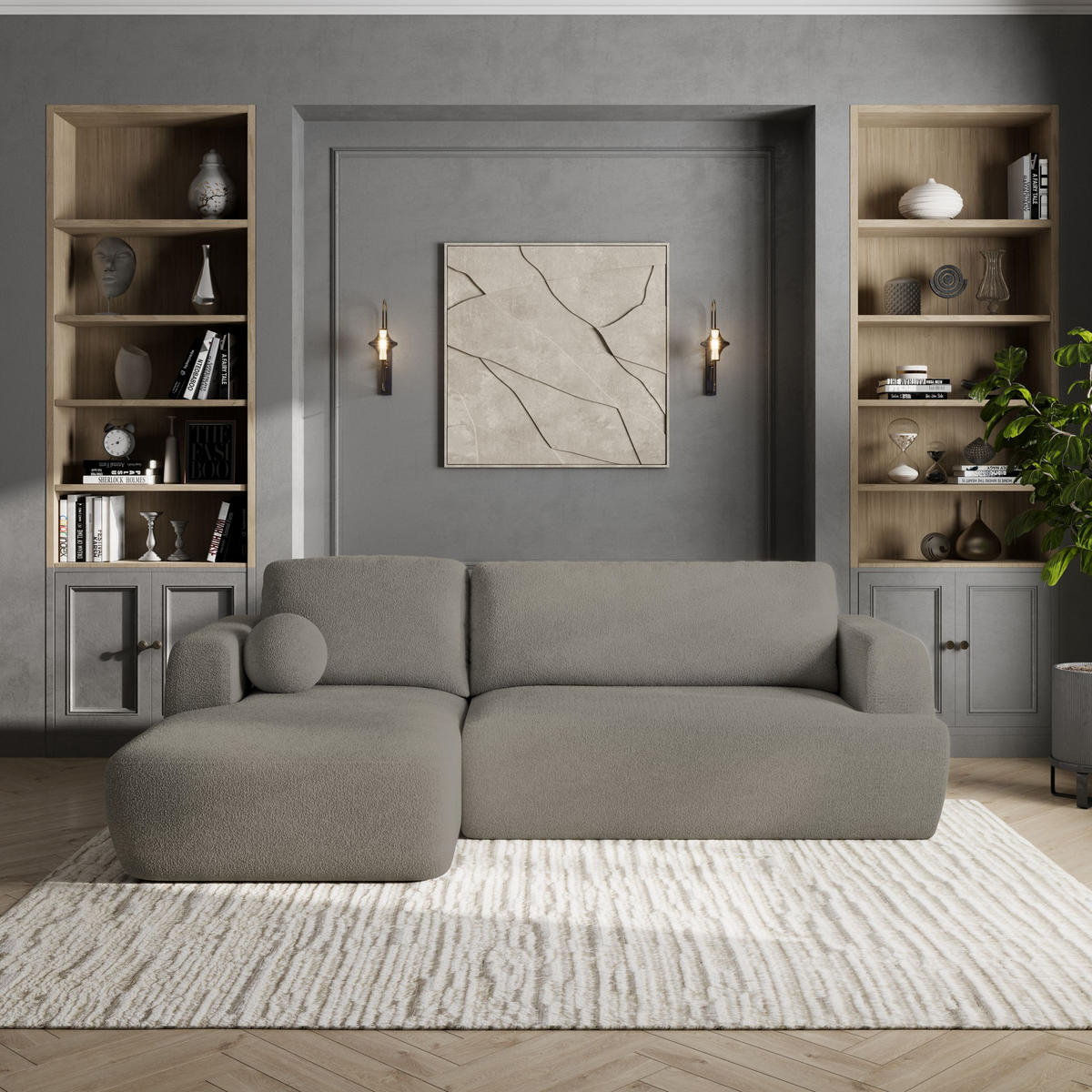 ROHOVÁ SEDAČKA SENTI světle šedá - černá/světle šedá, dřevo/textil (246/148cm) - MASSENO