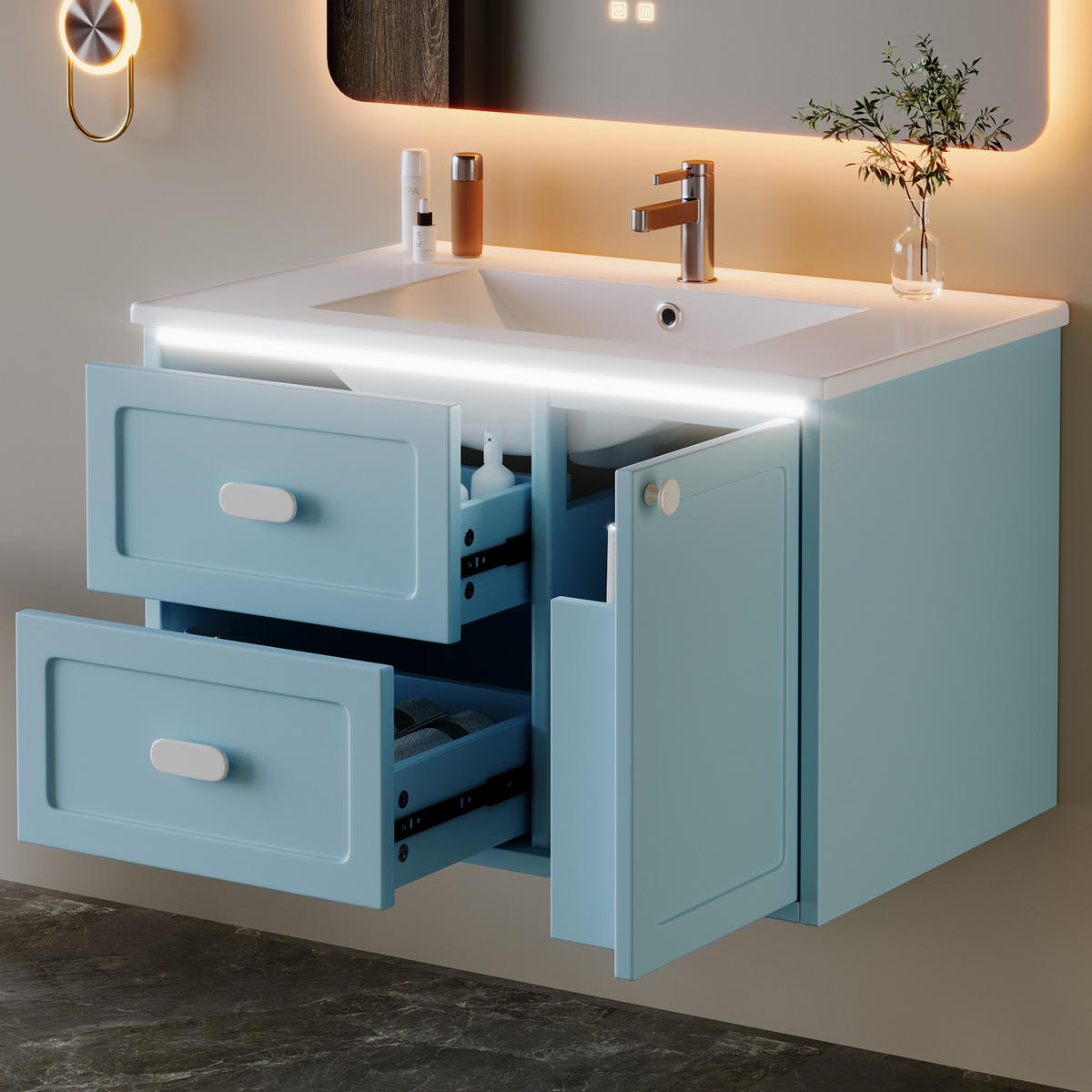 BADEZIMMER-HÄNGESCHRANK 76×46×51 cm, blau, lackiert, mit LED-Radarsensor-Beleuchtung, 2 Schubladen, leisen Gleitschienen und integriertem Waschbecken - Blau, Holzwerkstoff (46/51/76cm) - Ej. Life
