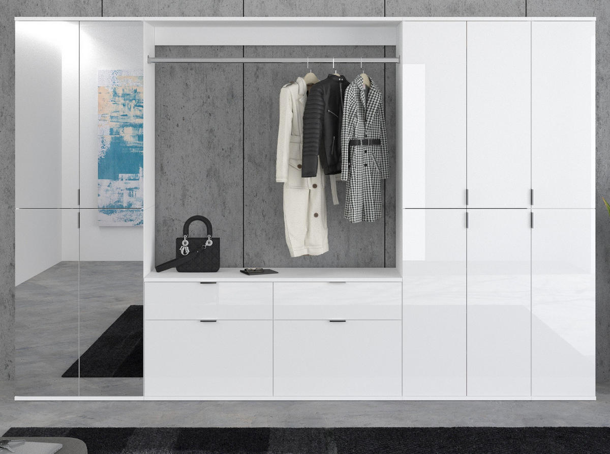 GARDEROBEN-SET weiß Hochglanz 273 cm viel Stauraum, Flurgarderobe mit Spiegeltür - Chromfarben/Weiß Hochglanz, Glas/Holzwerkstoff (273/193/34cm) - Inn.Furn