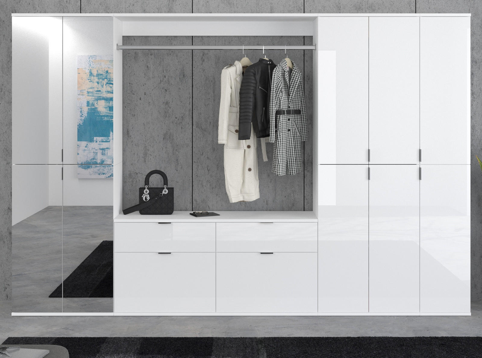 Thumbnail - Inn.Furn Garderoben-Set, Weiß Hochglanz, Metall, Nachbildung, Uni, 20 Fächer, 2 Schubladen, Rechteckig, 273x193x34 cm, F...