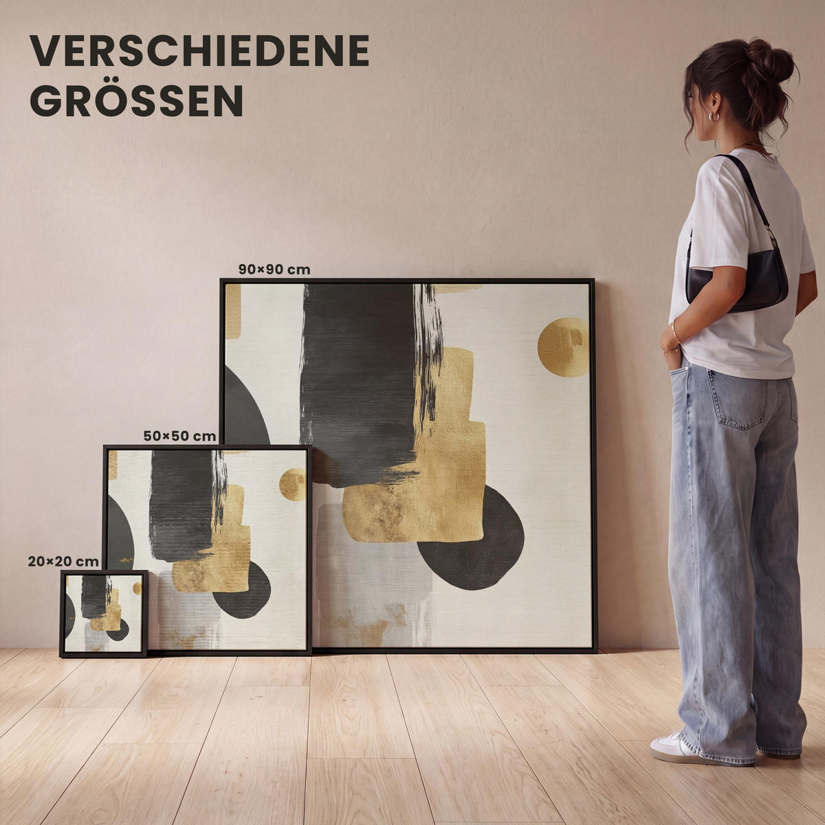 LEINWAND Bilder mit Rahmen - Gold - Rechtecke - Kreise - Abstrakt - 20x20 - Weiß, Textil (20/20cm) - MuchoWow