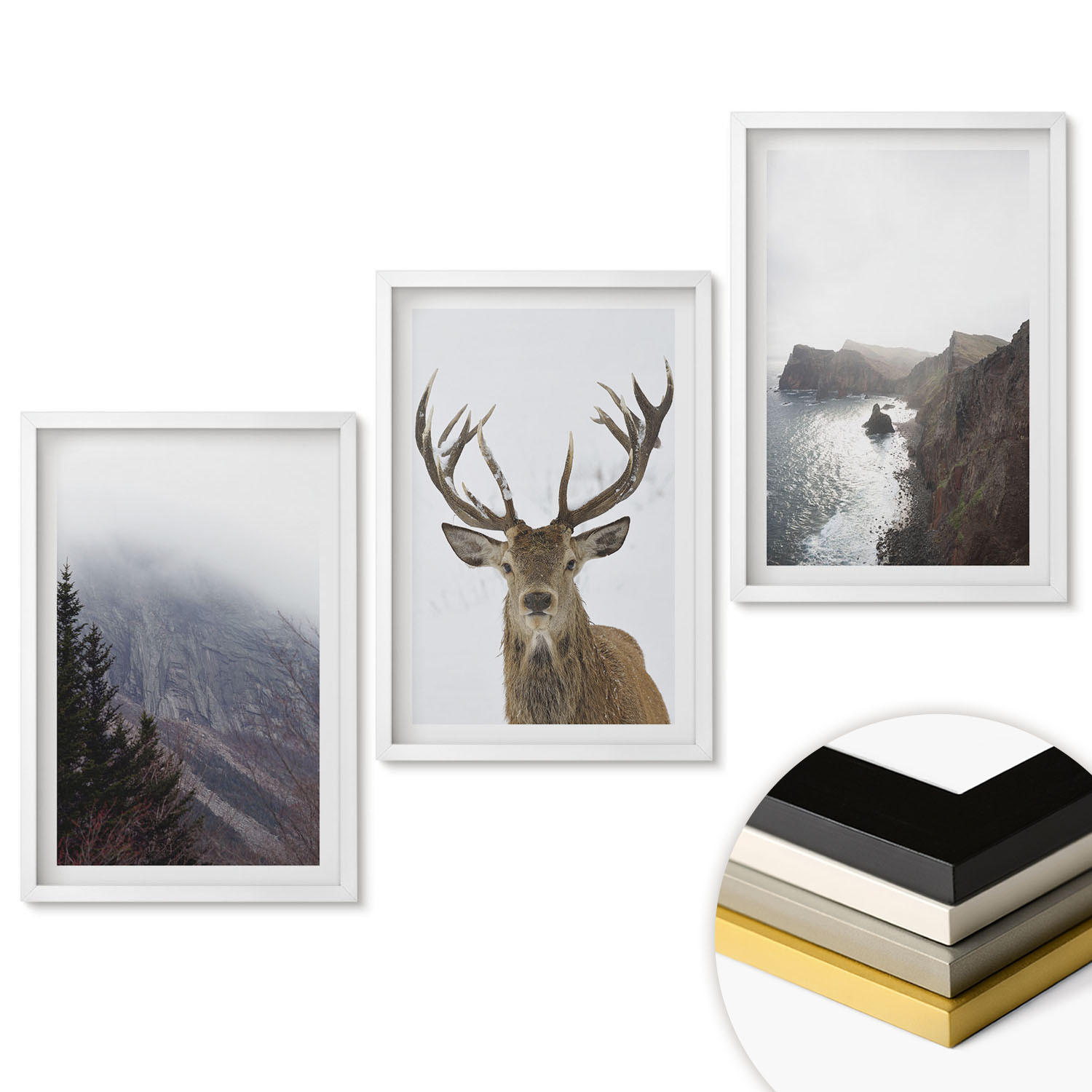 WANDBILDER 3er-Set - 40x60 cm Weißer Rahmen - Berglandschaft mit Hirschen - Weiß, Kunststoff (40/60cm) - ArtPrintCave
