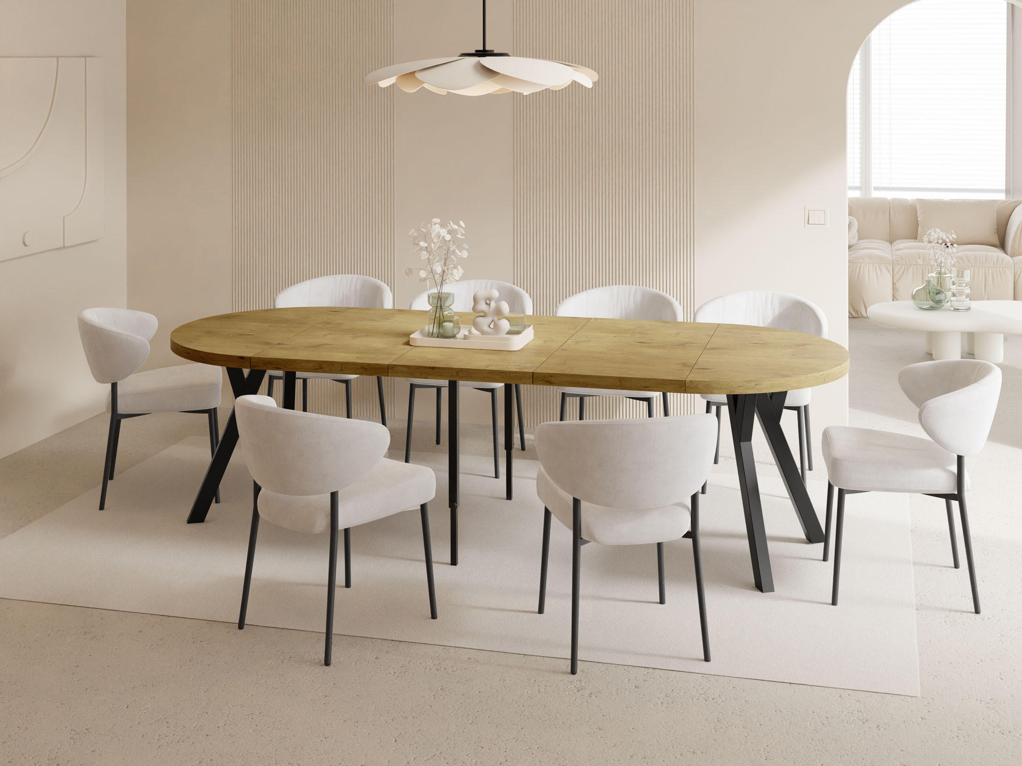 ESSTISCH Twixy XXL groß rund oval ausziehbar, Eiche Hell Braun 100-250/100/76 cm - Eichefarben/Schwarz, Holz/Holzwerkstoff (100/100/76cm) - WFL GROUP
