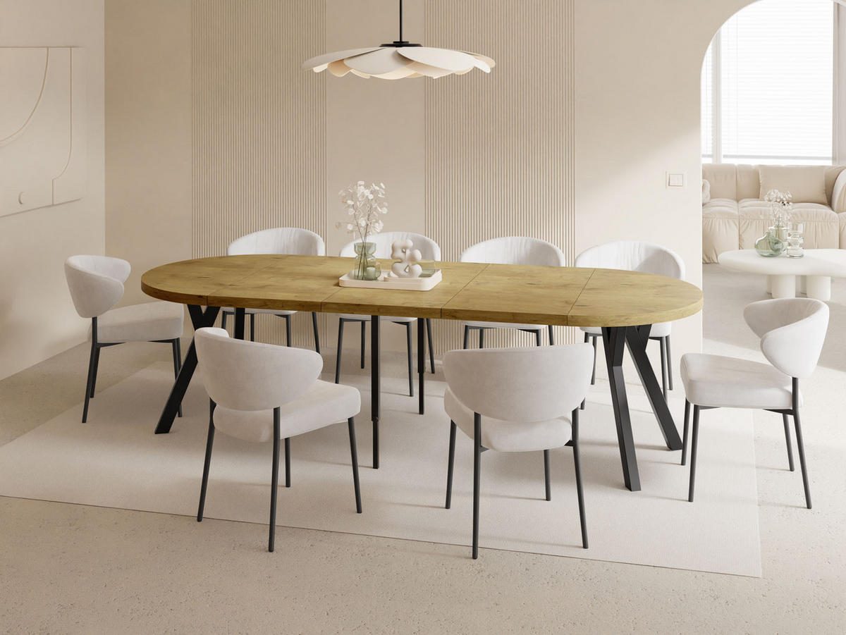 ESSTISCH Twixy XXL groß rund oval ausziehbar, Eiche Hell Braun 100-250/100/76 cm - Eichefarben/Schwarz, Holz/Holzwerkstoff (100/100/76cm) - WFL GROUP