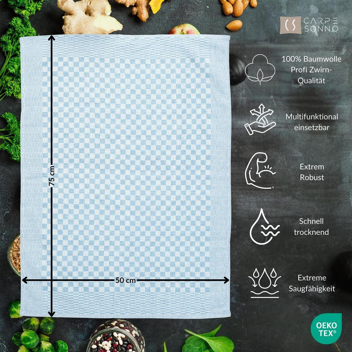 GESCHIRRTÜCHER 50x70 cm im 20er Set aus 100% Baumwolle, Zwirn-Qualität Grubentücher Aqua - Hellblau, Textil (50/70cm) - Carpe Sonno