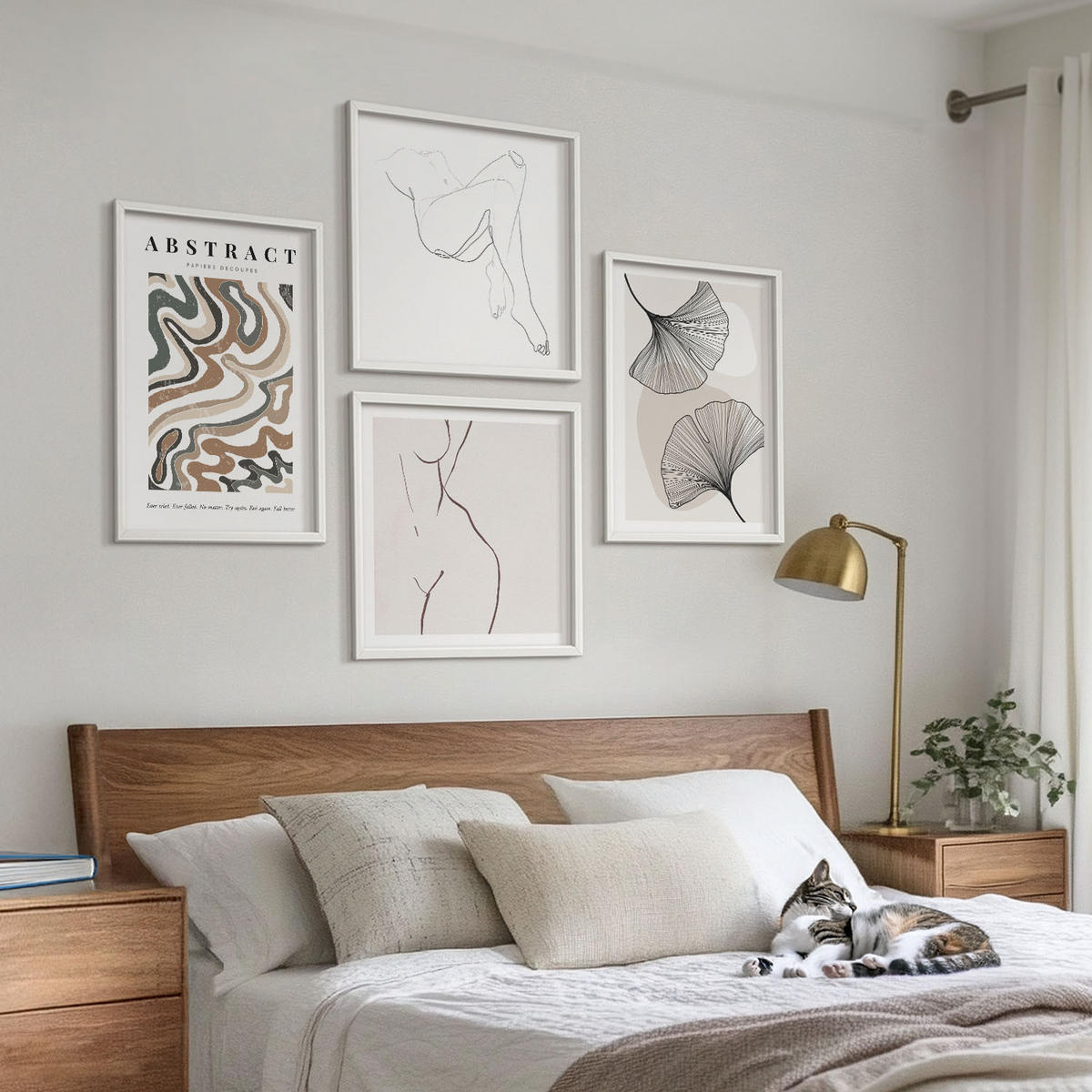 WANDBILDER 4er-Set - 50x50 cm & 40x60 cm Weißer Rahmen - Abstrakte Boho-Blattformen - Weiß, Kunststoff (50/50cm) - ArtPrintCave