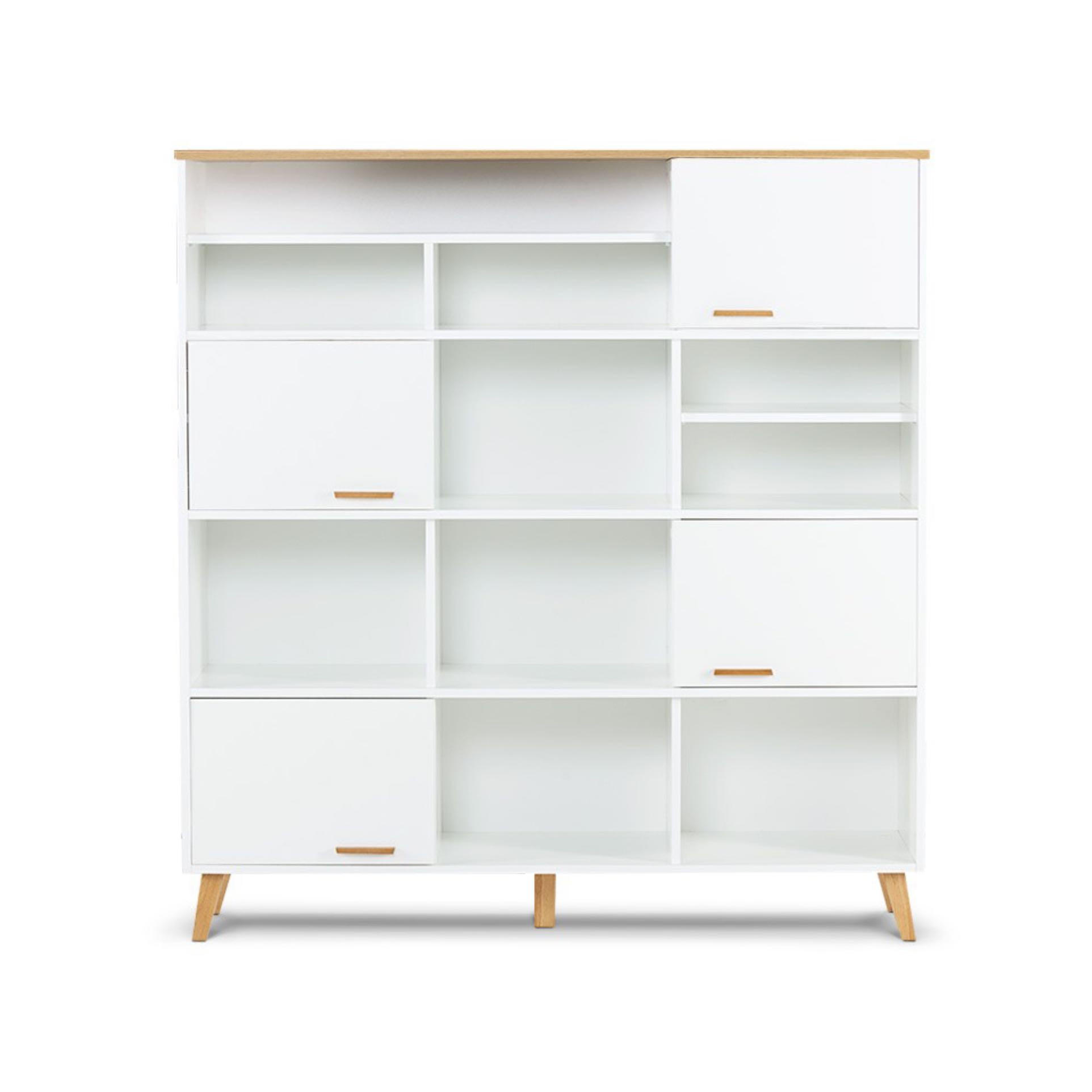 SCHRANKWAND FRISK 8 Einlegeböden und 4 Türen, weiß - Eichefarben/Weiß, Eichenholz/Holzwerkstoff (150/160/46cm) - KONSIMO®