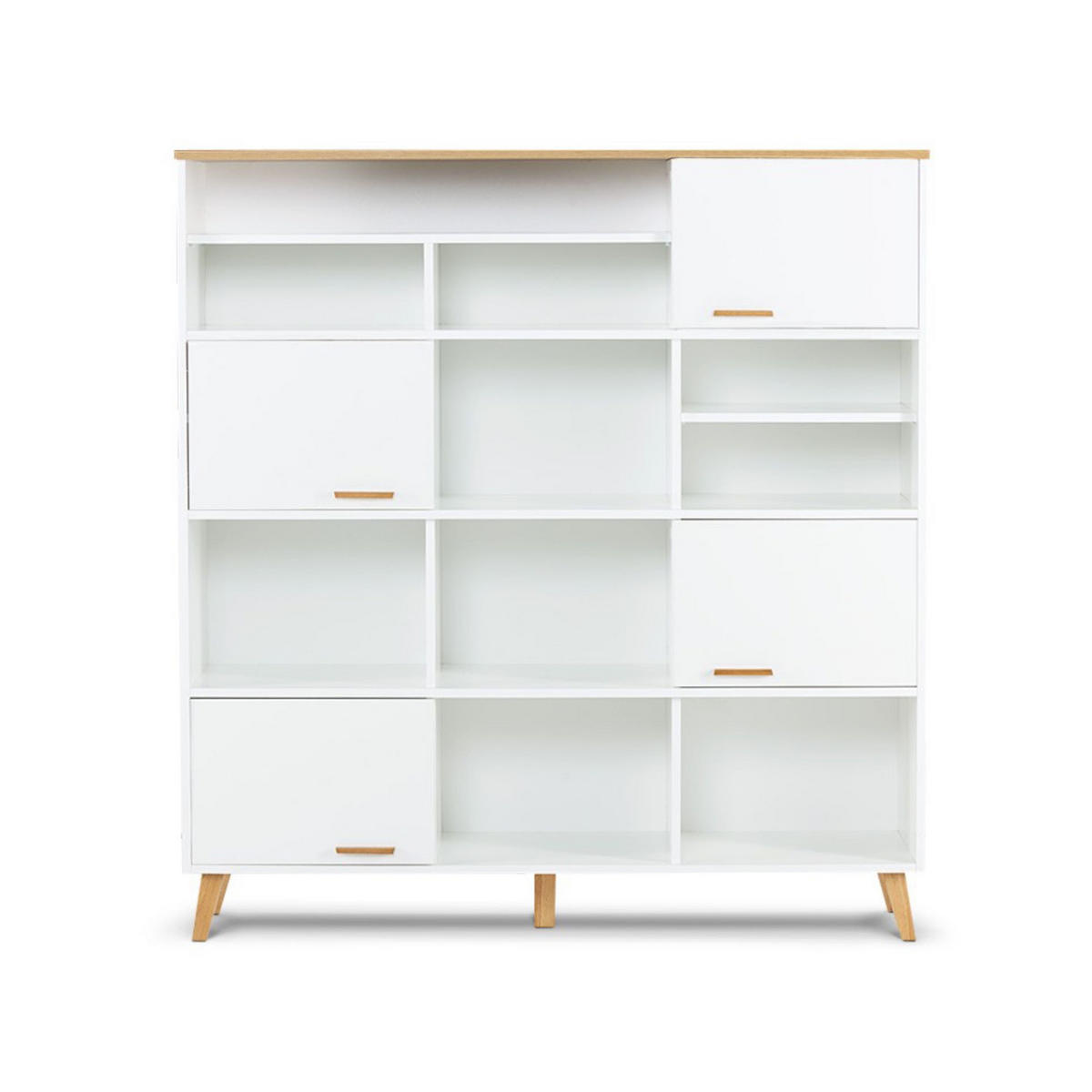 SCHRANKWAND FRISK 8 Einlegeböden und 4 Türen, weiß - Eichefarben/Weiß, Eichenholz/Holzwerkstoff (150/160/46cm) - KONSIMO®