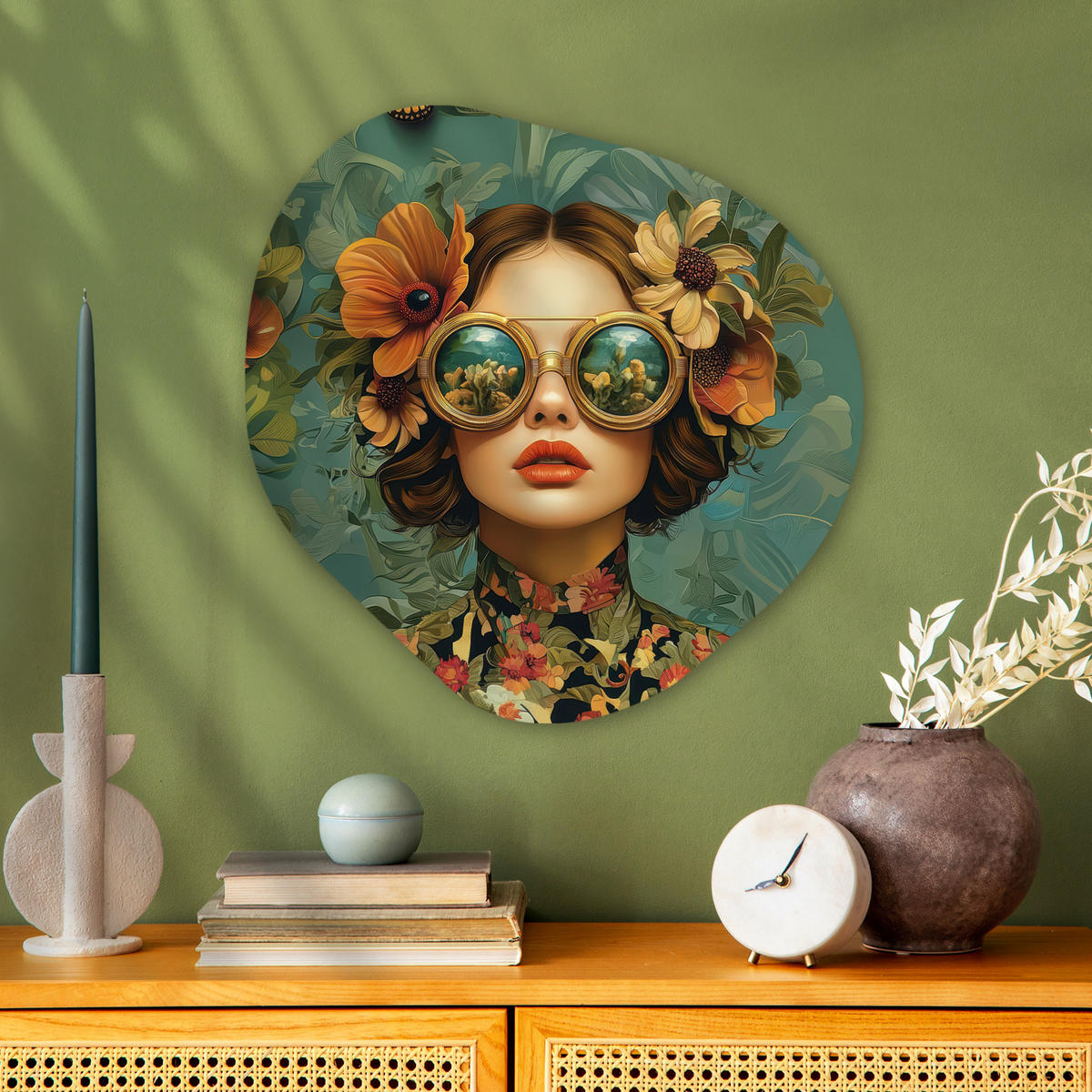 WANDBILD Frau - Blumen - Schmetterlinge - Natur - Vintage 60x60 cm - Petrol, Kunststoff (60/60cm) - MuchoWow