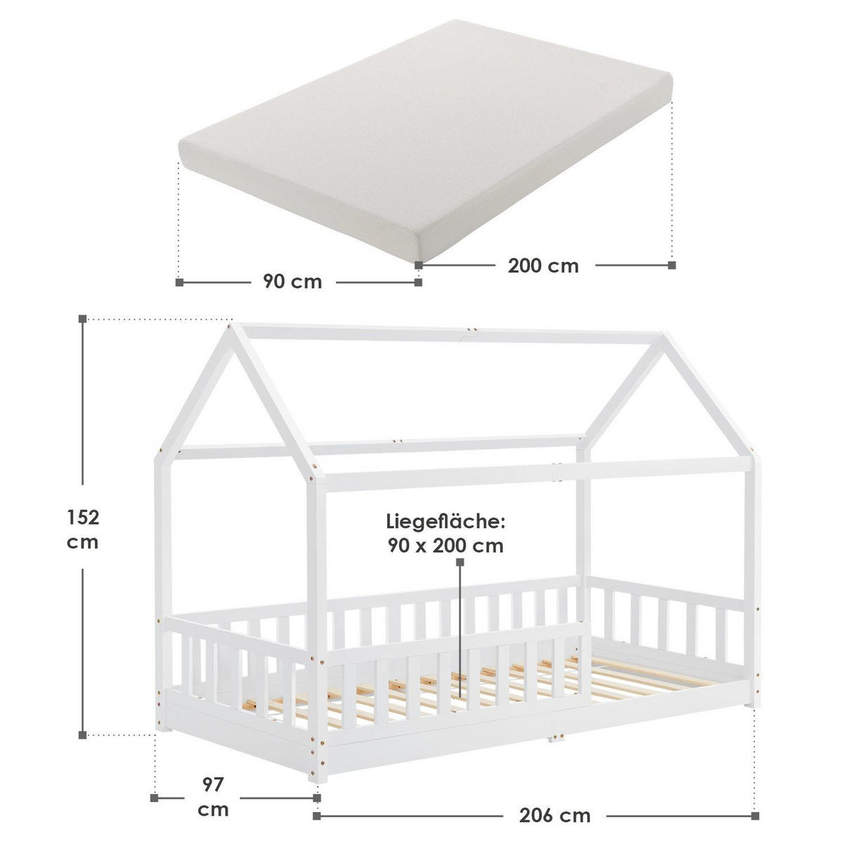 KINDERBETT Marli mit Matratze weiß 90x200 cm - Weiß, Holz (90/200cm) - Juskys