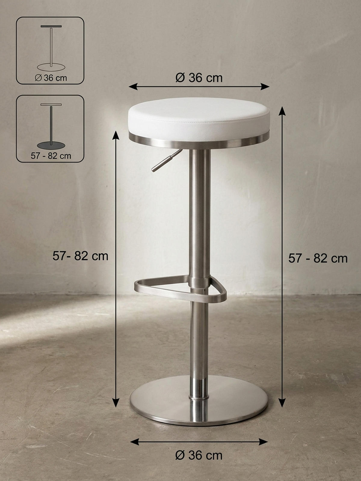 BARHOCKER Höhenverstellbar Gepolstert Triangel-Fußablage ELBE, Weiß 38x38x82 cm - Silberfarben/Weiß, Kunststoff/Textil (38/82/38cm) - KADIMA DESIGN
