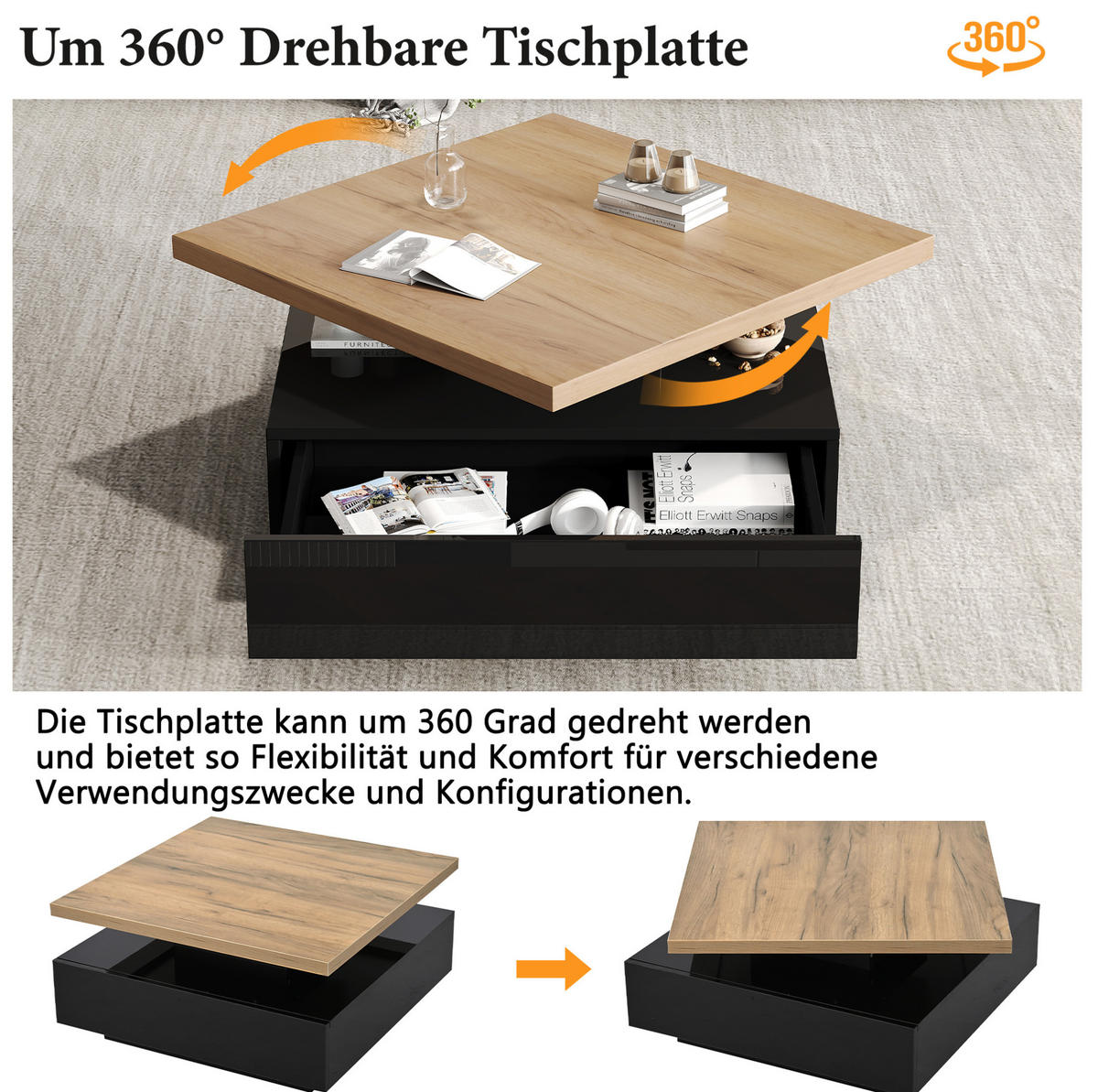 COUCHTISCH 70/70/36 cm mit 360° drehbarer Tischplatte und versteckter Schublade, Walnuss/Schwarz - Schwarz, Holzwerkstoff (70/70/36cm) - Redom