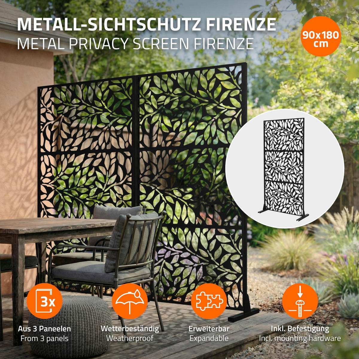 METALL-SICHTSCHUTZ Firenze 90x180 cm Schwarz aus Stahl - Schwarz, Metall (90/183cm) - ML-DESIGN