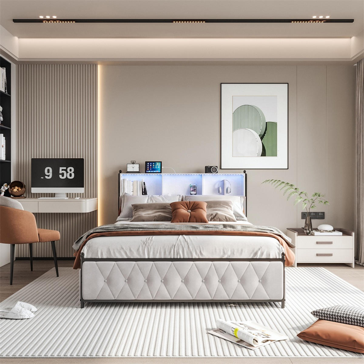 POLSTERBETT 160x200 cm mit 4 Schubladen - Kopfteil mit Stauraumfächern,USB&Type-C Ladestation und LED-Beleuchtung - Beige, Textil (160/200cm) - DELFA