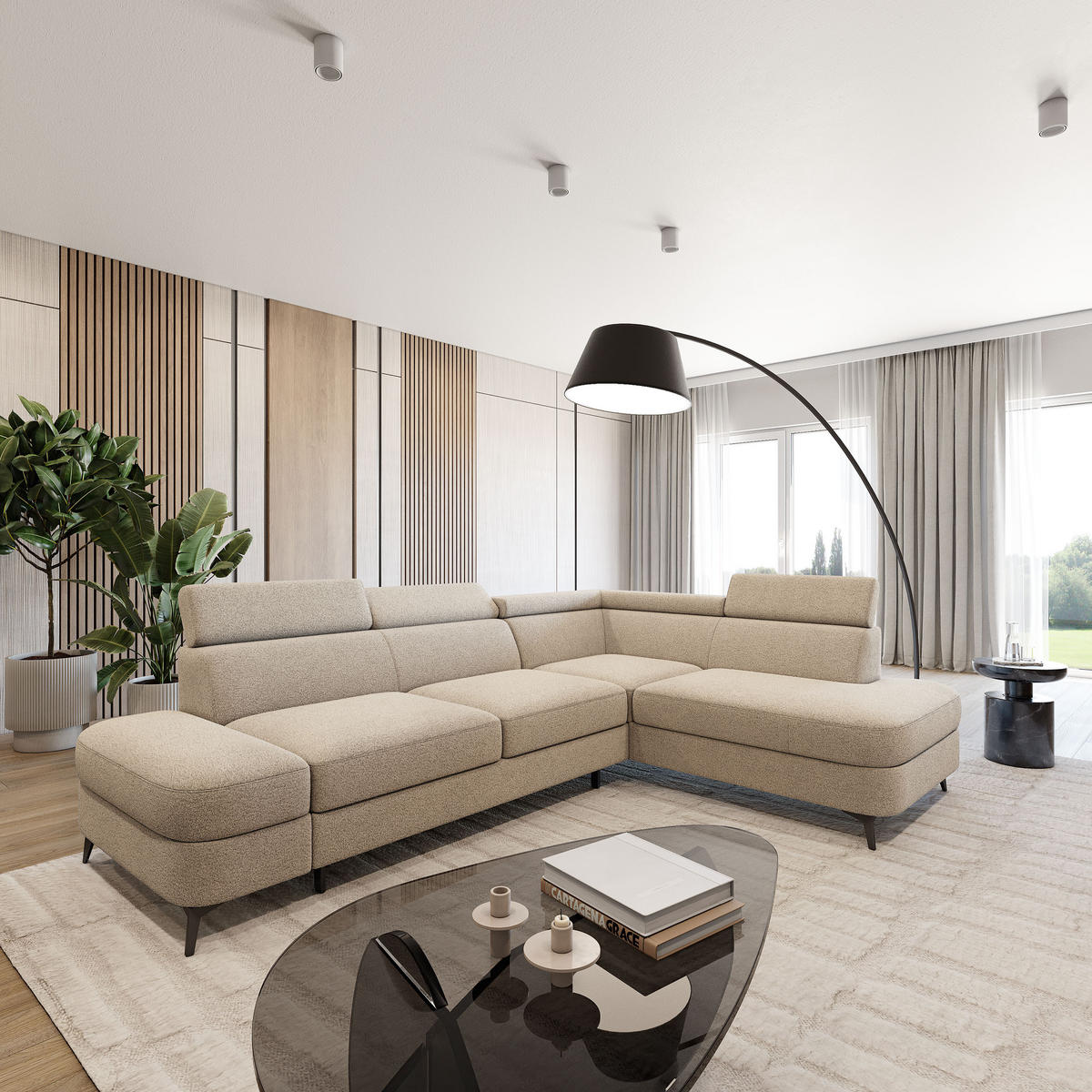 ECKSOFA AVISE Q R-S Beige Boucle-Stoff mit Schlaffunktion - Beige, Holzwerkstoff/Textil (268/195cm) - MASSENO