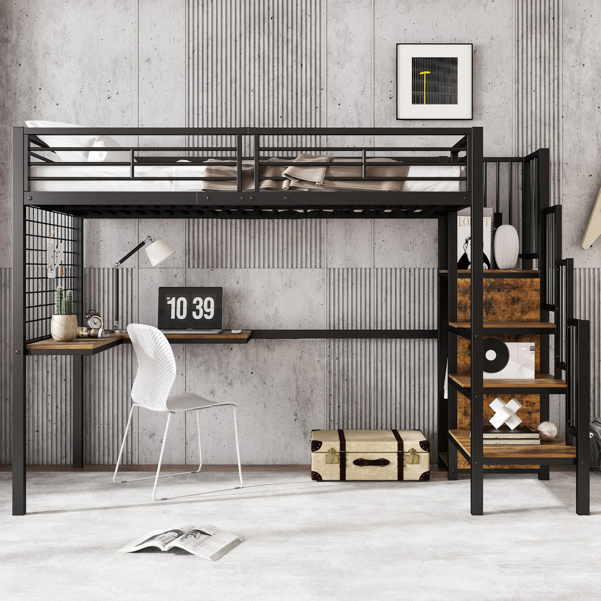 HOCHBETT 90/200 cm, Schwarz mit Kleiderschrank und seitlichen Holztreppen - Schwarz, Metall (90/200cm) - MIVRAY