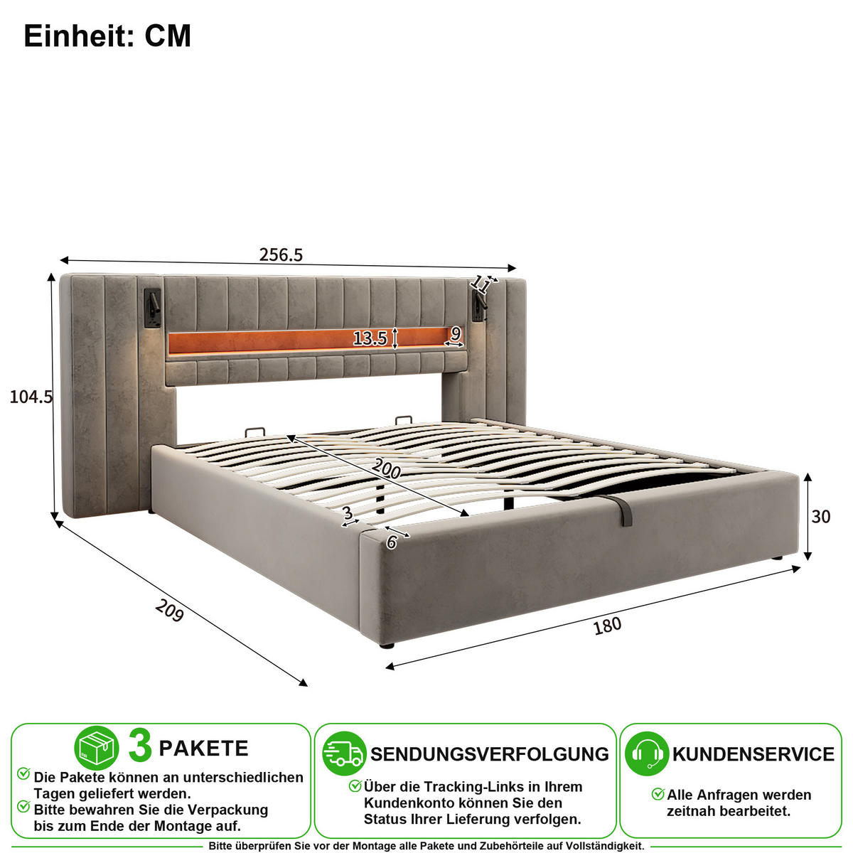 ČALOUNĚNÁ POSTEL 180/200 cm v šedé barvě se sametem, LED osvětlením, USB a úložným prostorem - šedá, kov/kompozitní dřevo (180/200cm) - CHICFURN