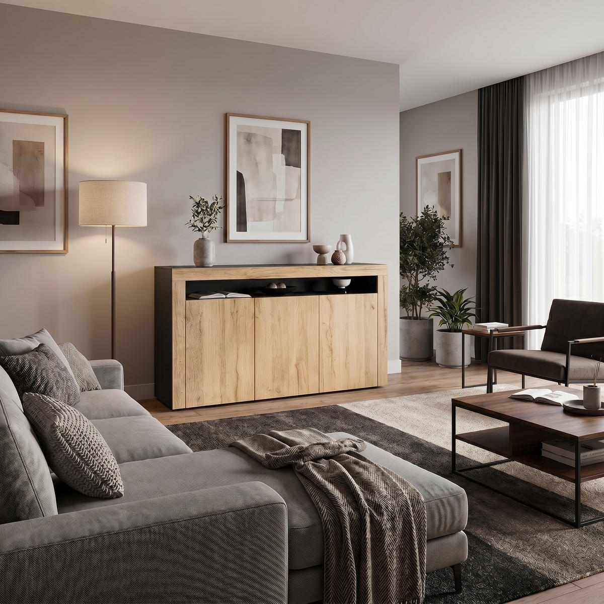SIDEBOARD Valencia Eiche Natur/ Eiche Natur - Eichefarben, Holzwerkstoff (155/92/40cm) - Vladon