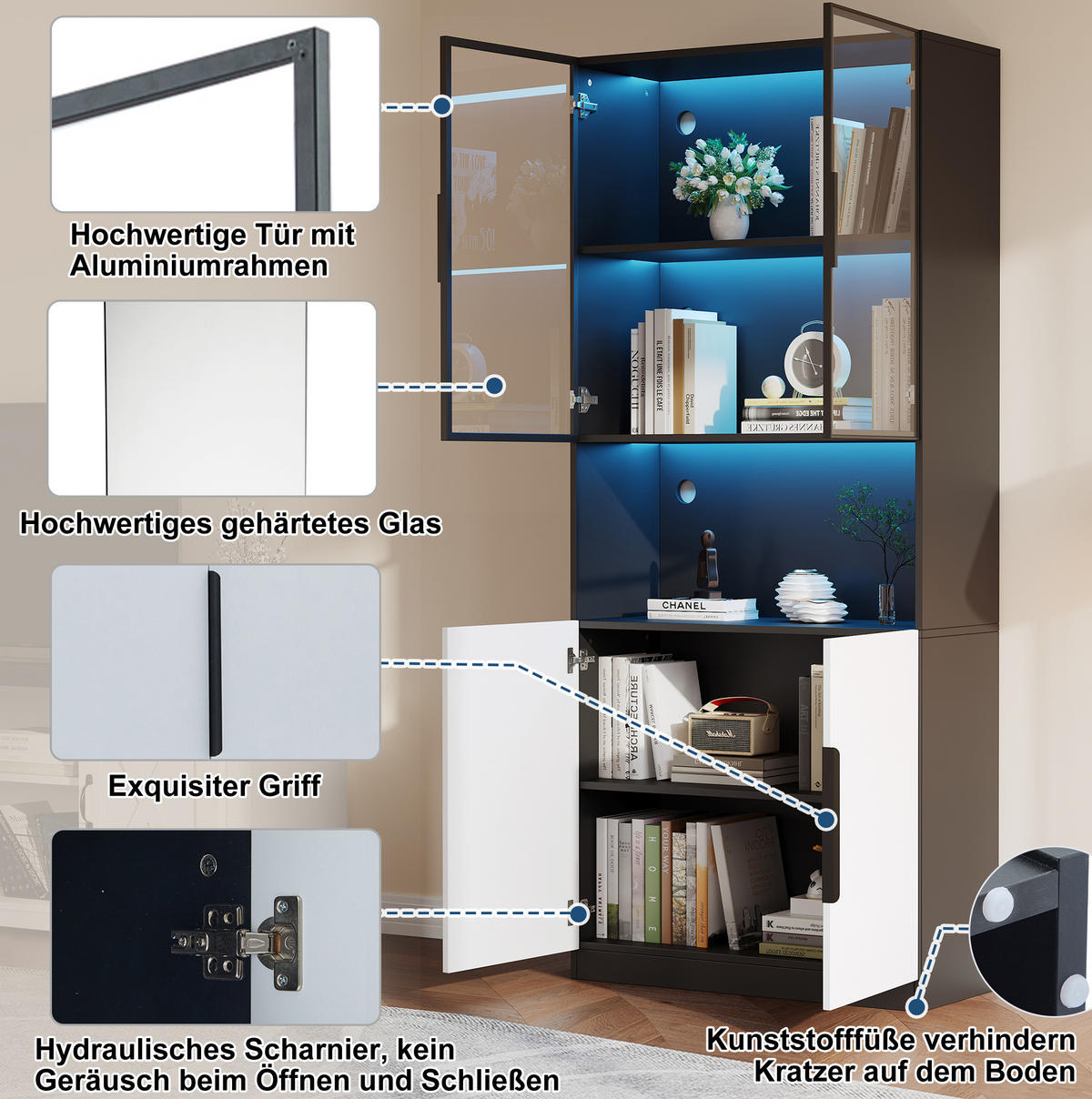 VITRINE aus Spanplatte 80x30x200 cm Weiß/Schwarz mit LED-Beleuchtung und Glastüren - Weiß, Holzwerkstoff (80/200/30cm) - IVMEU