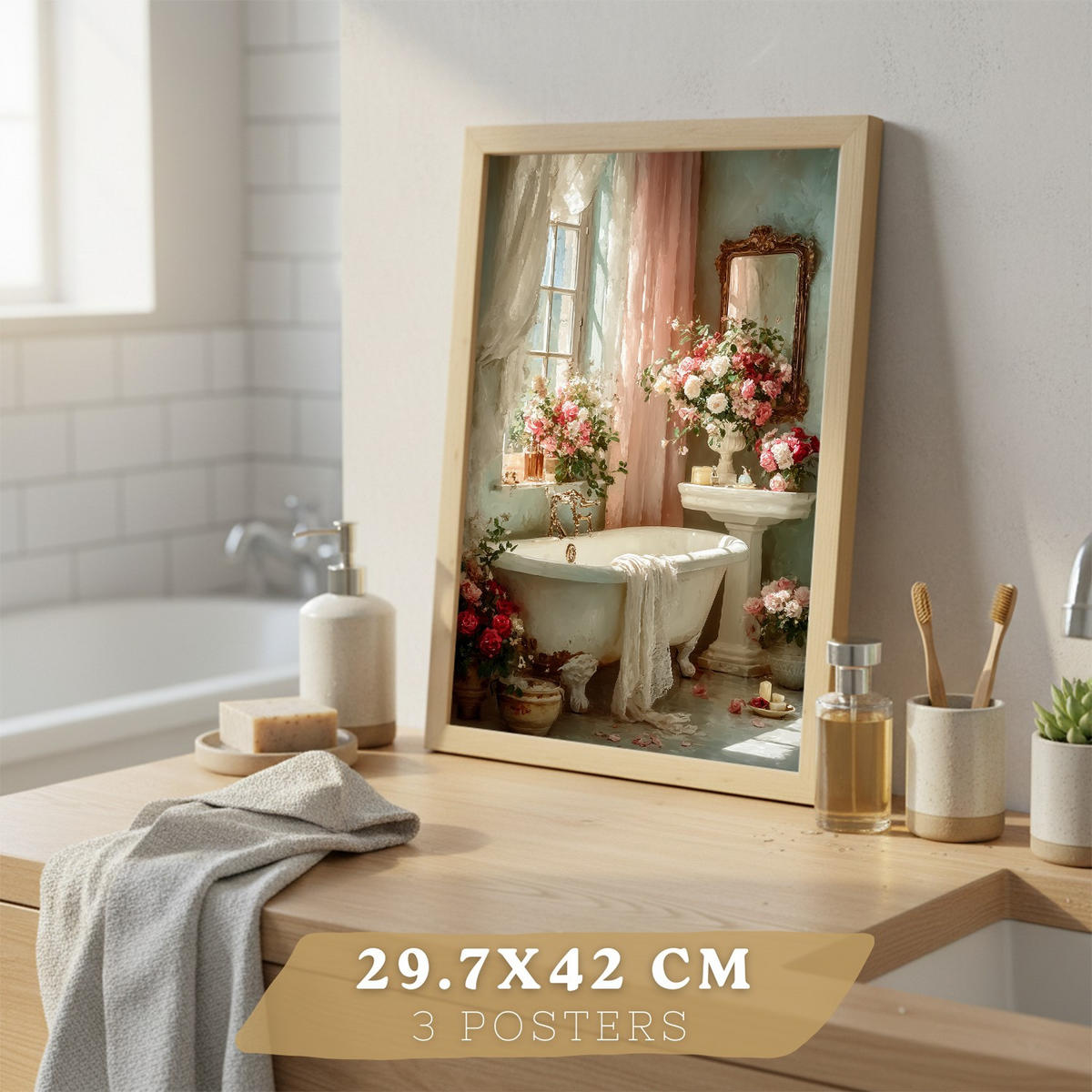 PLAKÁT Sada 3 dekorativních koupelnových tisků, romantický vintage styl Světlý dřevěný rám A3 - béžová, papír (42/29.7/3cm) - Nacnic