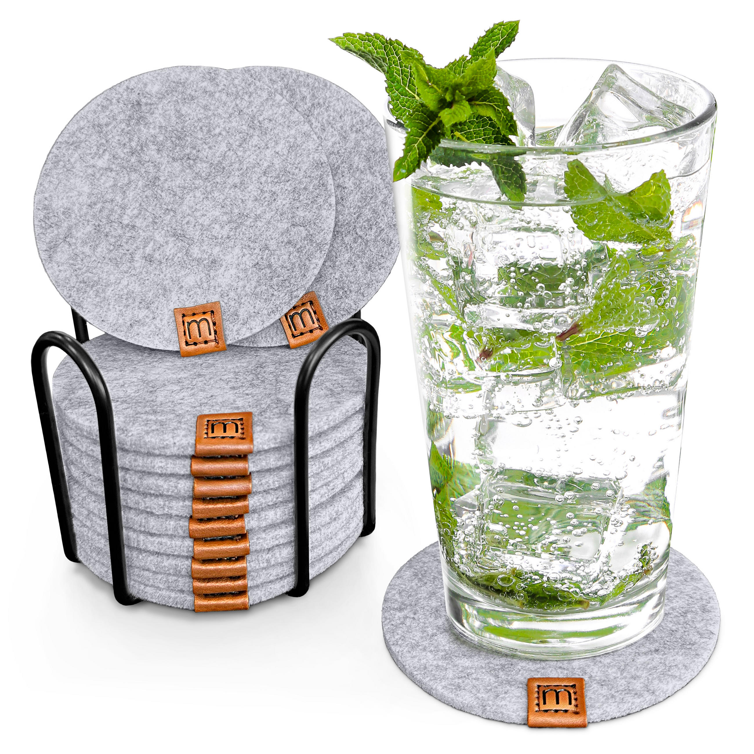 GLASUNTERSETZER mit Lederlabel / Mit Halter 12er-Set - Hellgrau, Textil (10/10cm) - Miqio Design