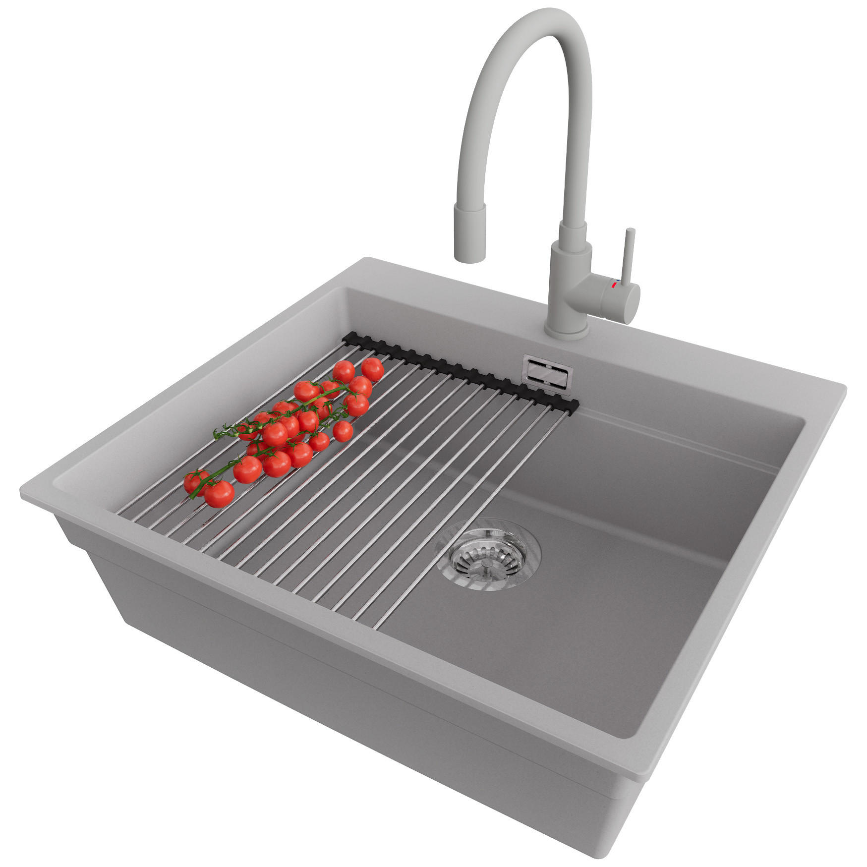 GRANITSPÜLE Oslo Max, 2-er set Grau 58/53 cm 1 Becken + Küchenarmatur 38/14 cm + Ablauf-Set + Aufrollbare Abtropffläche ab 60er Unterschrank - Chromfarben/Grau, Kunststoff (58/20/53cm) - Primagran