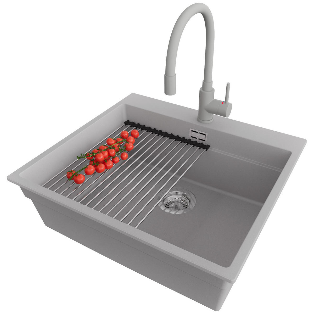 GRANITSPÜLE Oslo Max, 2-er set Grau 58/53 cm 1 Becken + Küchenarmatur 38/14 cm + Ablauf-Set + Aufrollbare Abtropffläche ab 60er Unterschrank - Chromfarben/Grau, Kunststoff (58/20/53cm) - Primagran
