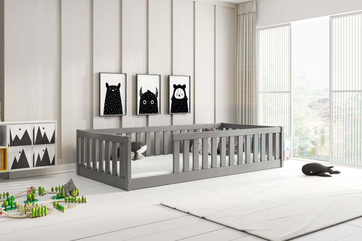 BODENBETT 160x80 cm in Grau Montessori Kinderbett aus Holz mit Rausfallschutz & Lattenrost BELLA - Grau, Holz (80/160cm) - Interbeds